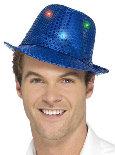 Smiffys Kostüm LED Paillettenhut blau, Da geht Dir ein Licht auf: Glitzerhut mit Lichteffekten