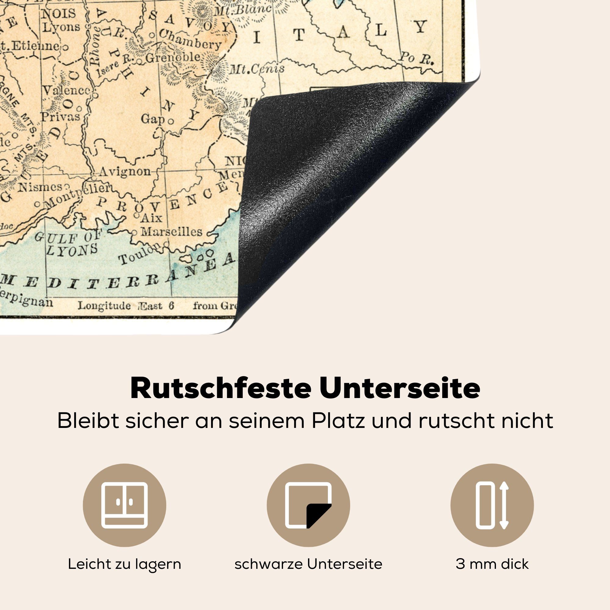 Herdblende-/Abdeckplatte einer Arbeitsfläche 70x52 MuchoWow Mobile des Frankreich, (1 tlg), Ceranfeldabdeckung antiken Landes Illustration Karte cm, nutzbar, Vinyl,