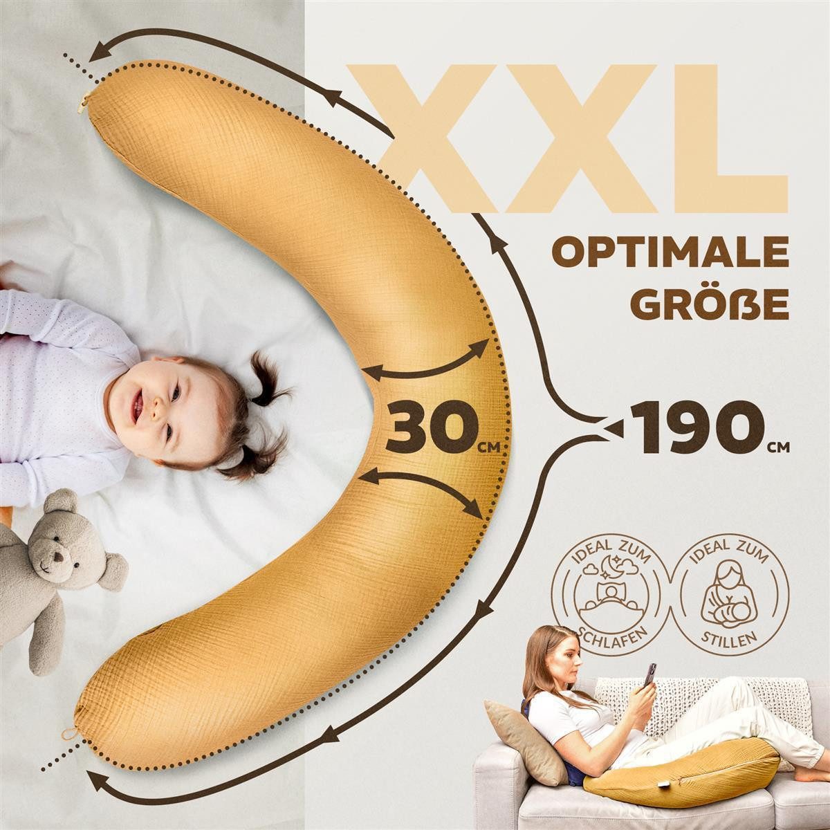 SEI Design Stillkissen Seitenschläferkissen XXL Babynest - Baby Erstausstattung Neugeborene, Schwangerschaftskissen 190x30 cm, Schwangerschaftskissen mit Bezug, – Bild 4 von 5