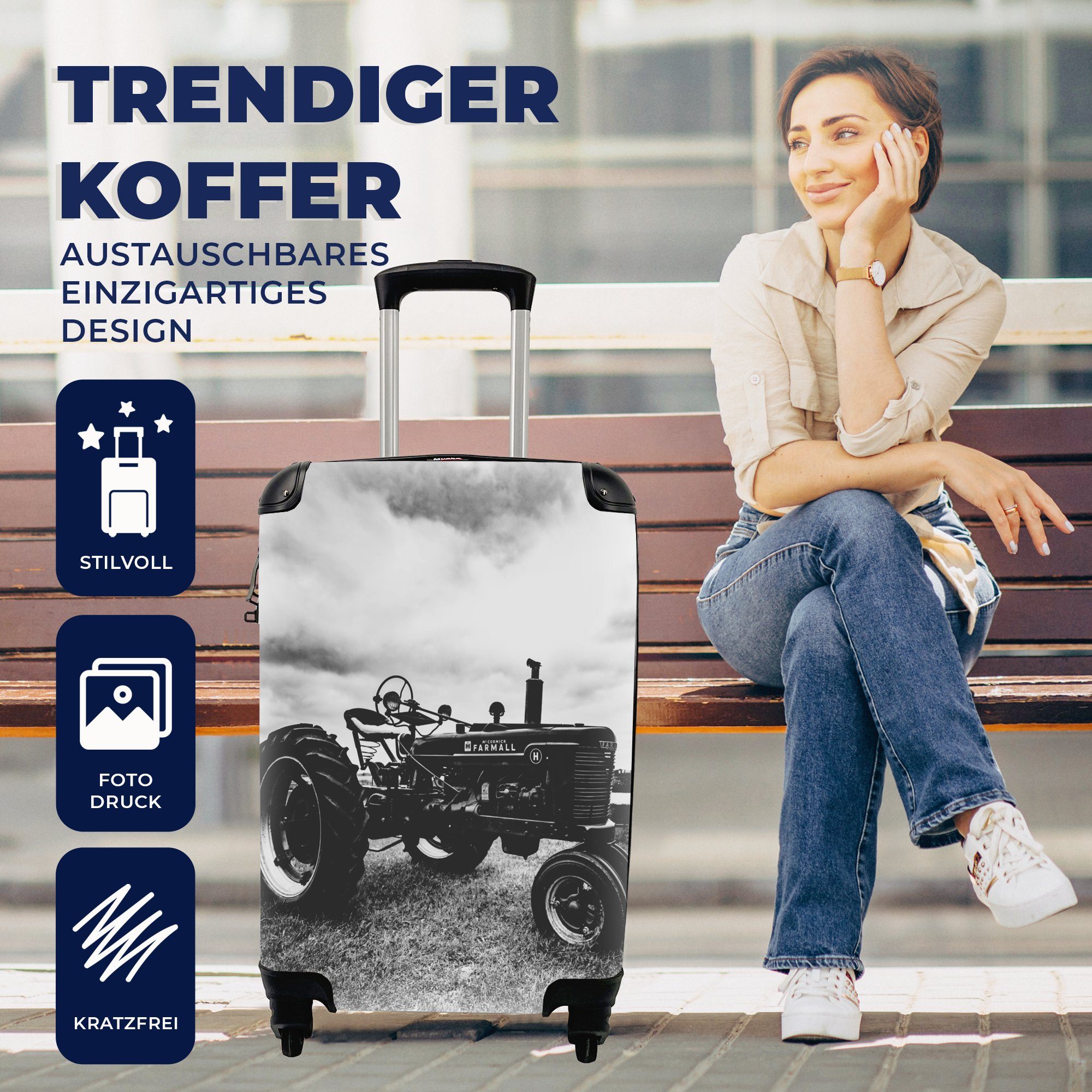Trolley, Schwarz Handgepäck Reisetasche - Bauernhof Reisekoffer Weiß Handgepäckkoffer - Rollen, mit Ferien, - 4 für Traktor MuchoWow rollen, Vintage, -