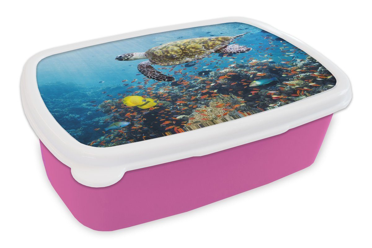 MuchoWow Lunchbox Schildkröte am Korallenriff, Kunststoff, (2-tlg), Brotbox für Erwachsene, Brotdose Kinder, Snackbox, Mädchen, Kunststoff rosa