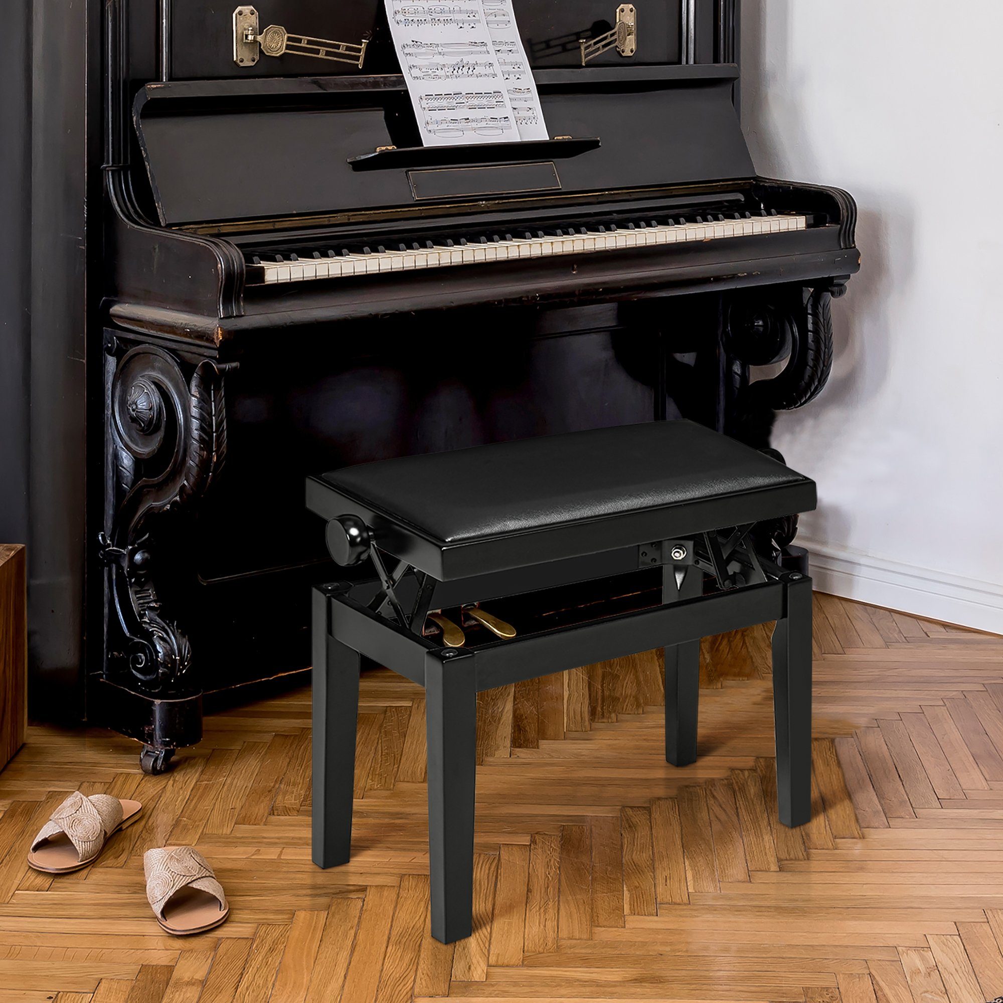 HOMCOM Klavierbank Höhenverstellbare Klavierbank mit Lederkissen (Pianobank, 1-St., Kunstleder Gummiholz), Schwarz 63 x 33 x 45-56 cm