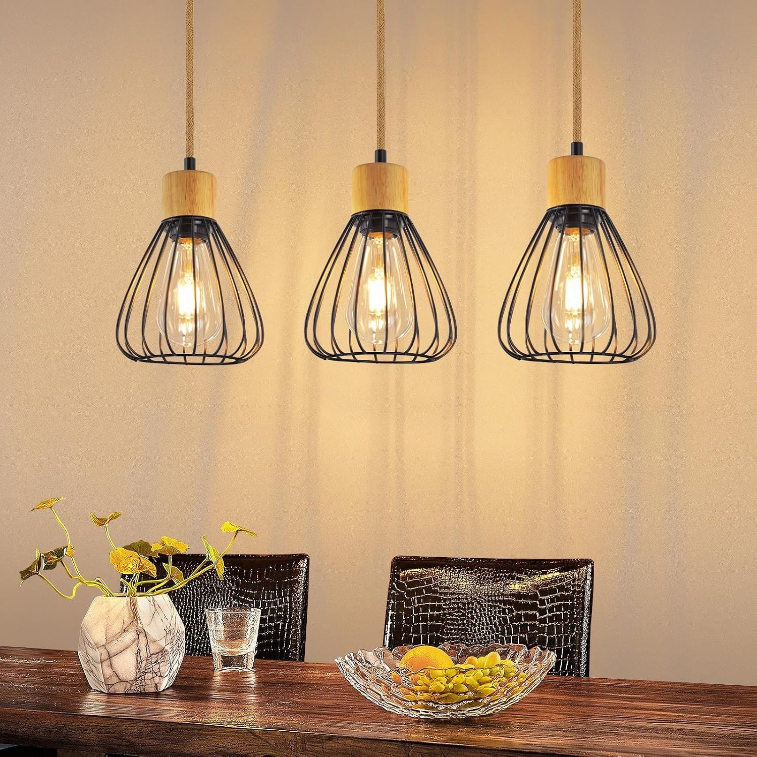 Nettlife Hängeleuchte Pendelleuchte Esszimmer Vintage Schwarz Metall Holz E27 Hanfseil, LED wechselbar, Industrial Esstisch Pendellampe für Wohnzimmer