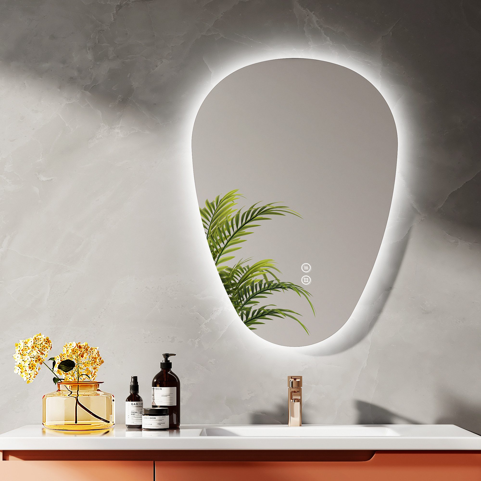 EMKE Badspiegel mit Beleuchtung Wandspiegel asymmetrisch Lichtspiegel Tropfenform, Touchschalter 3 Lichtfarben einstellbare Helligkeit Antibeschlag IP44