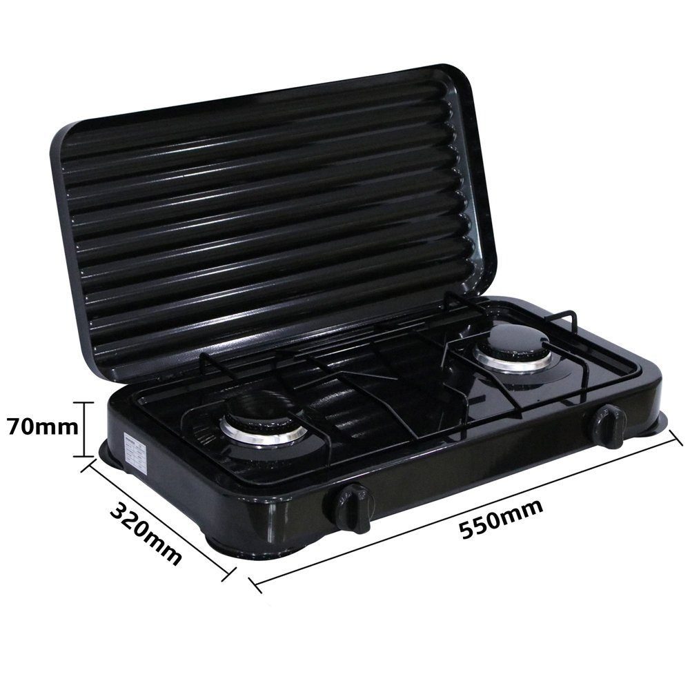 Feel2Home Gaskocher Camping Kochfeld Gaskocher 2 flammig mit Deckel Herd Outdoor Metall, (Stück, 1-St., Campingkocher / Gaskocher - 2-flammig), Flamme stufenlos regulierbar durch Drehknopf