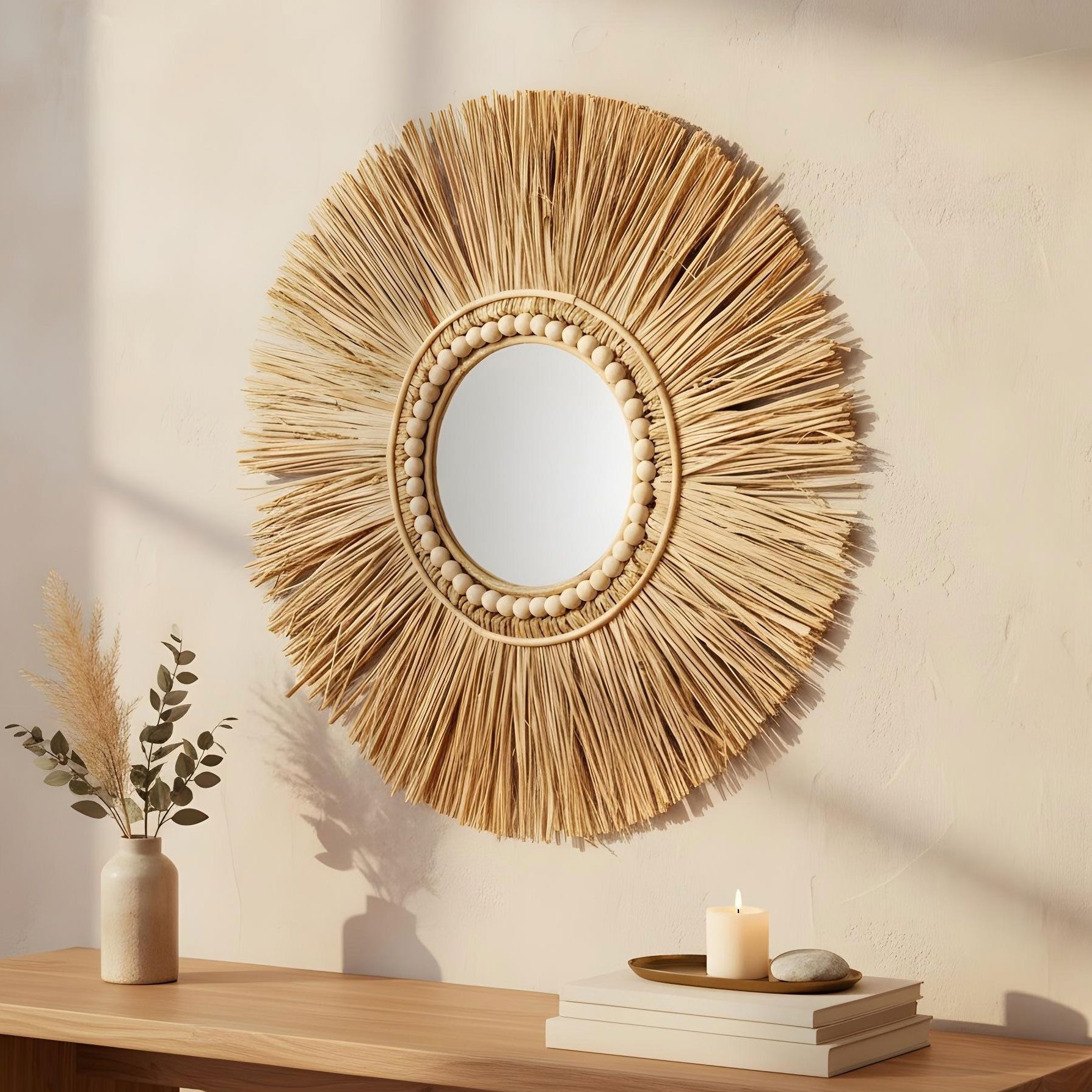 Levandeo® Dekoobjekt, Spiegel Seegras Ø 55cm Wandspiegel Rund Flurspiegel Wanddeko Boho