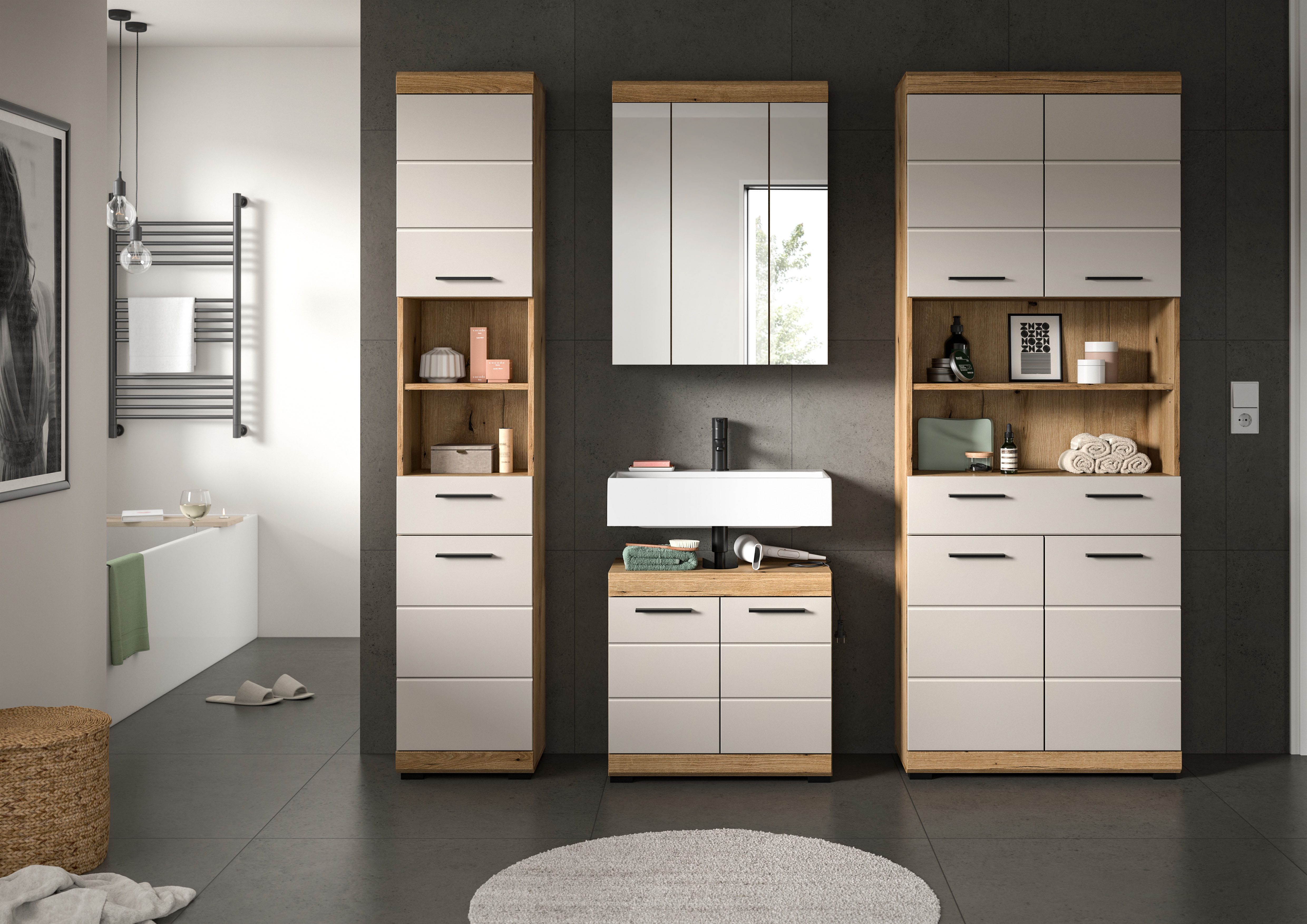 welltime Badmöbel-Set SIENA, 4 teilig, bestehend aus:, (Set, 4-St., TOPSELLER), Hochschrank schmal, WBU, Spiegelschrank, Hochschrank breit