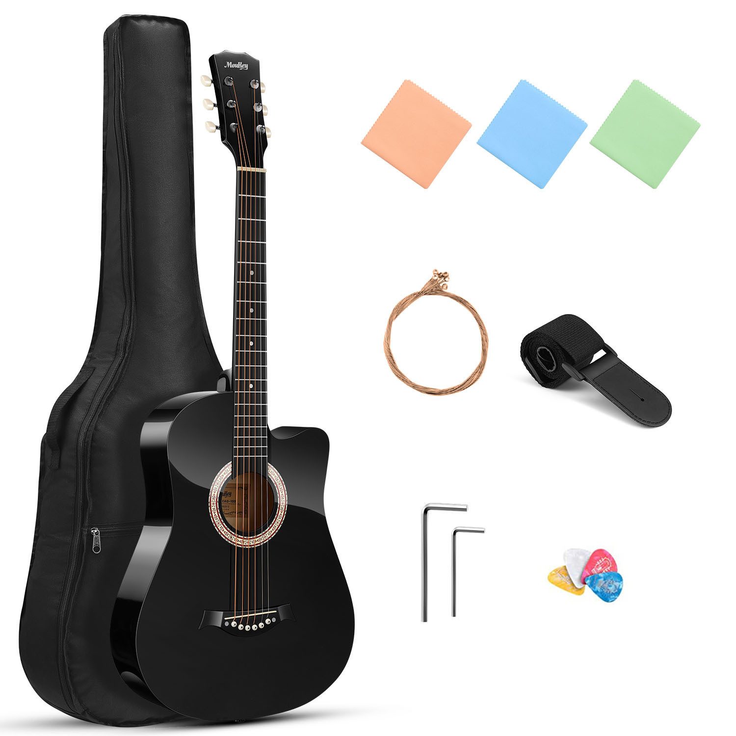 Moukey Akustikgitarre 38 Zoll für Anfänger, komplettes Gitarren Set mit Tasche, Plektren, Dreadnought, Tragetasche, Plektren, Ersatzsaiten, Gurt, Leicht und tragbar