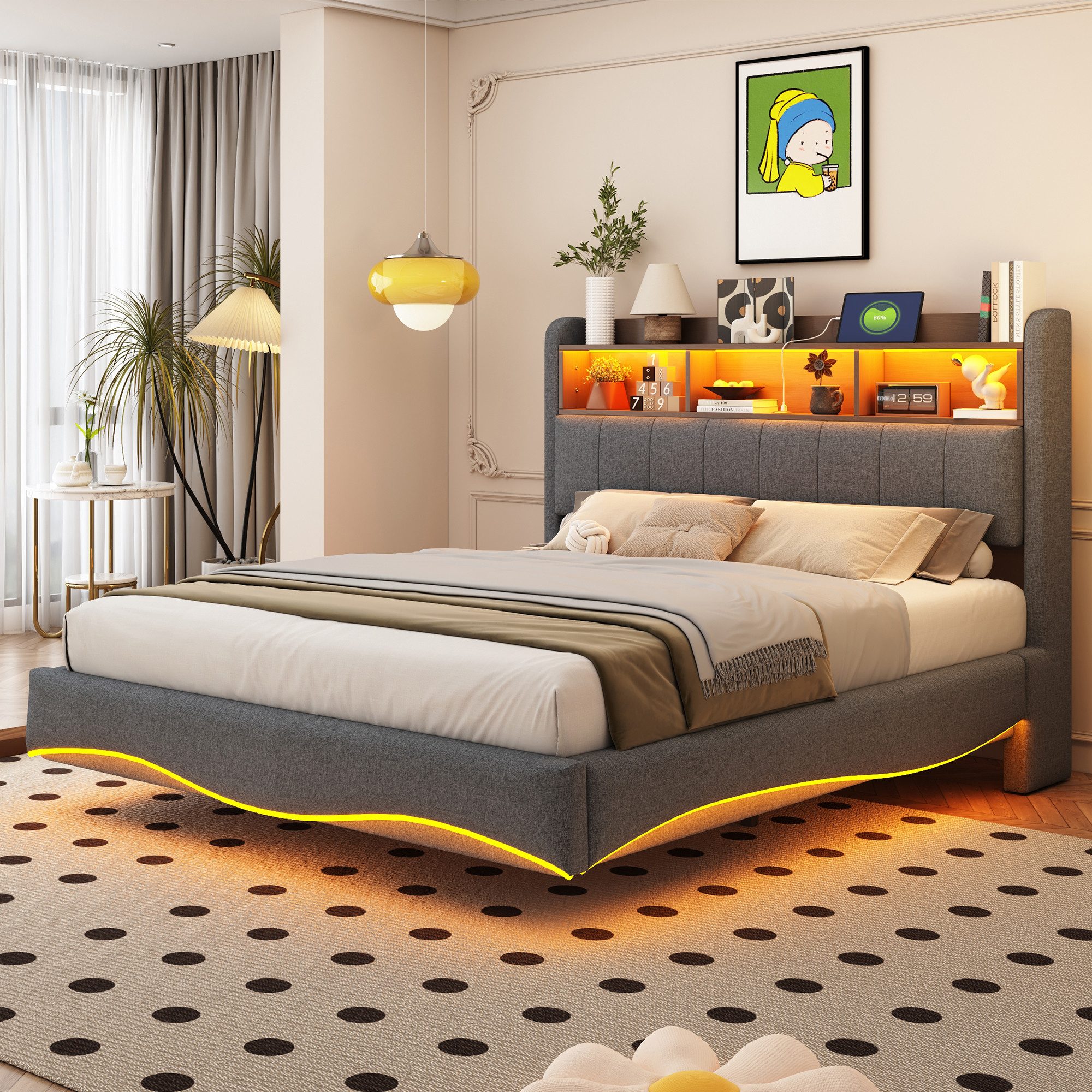 Celya Polsterbett Multifunktionales Stauraumbett mit LED-Licht, Abgehängtes günstig online kaufen