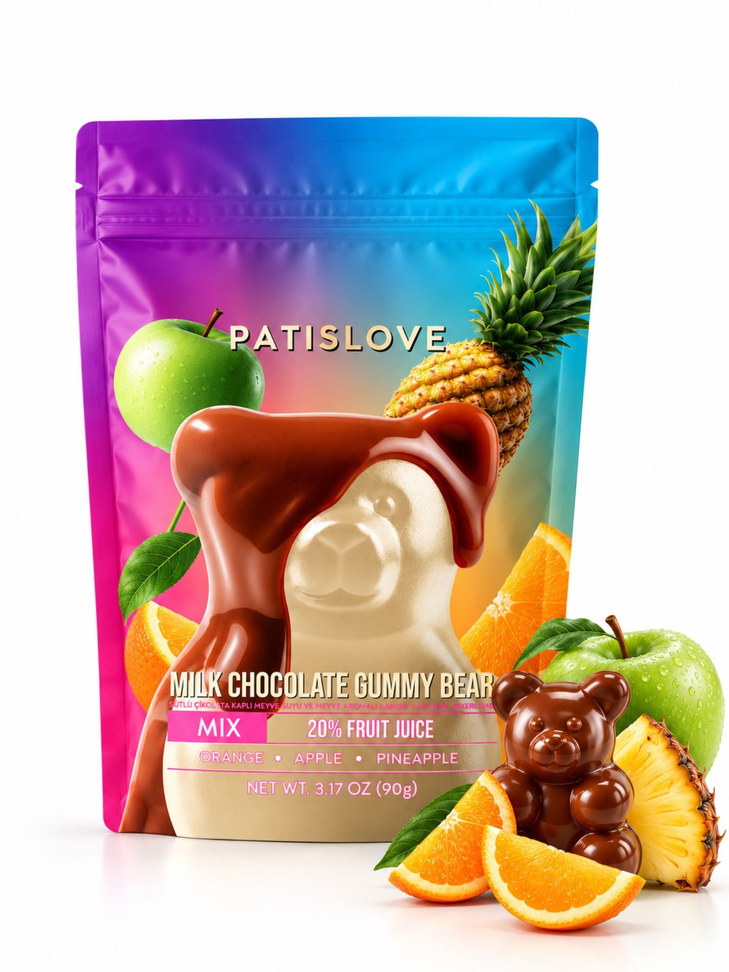PATISLOVE Süßigkeit Gummibärchen Mix, Fruchtgummi Erdbeere, Orange, Apfel, Ananas, 1 x 90 g, 20 % Fruchtsaft, Milchschokolade, ohne Gelatine, natürliche Farbstoffe