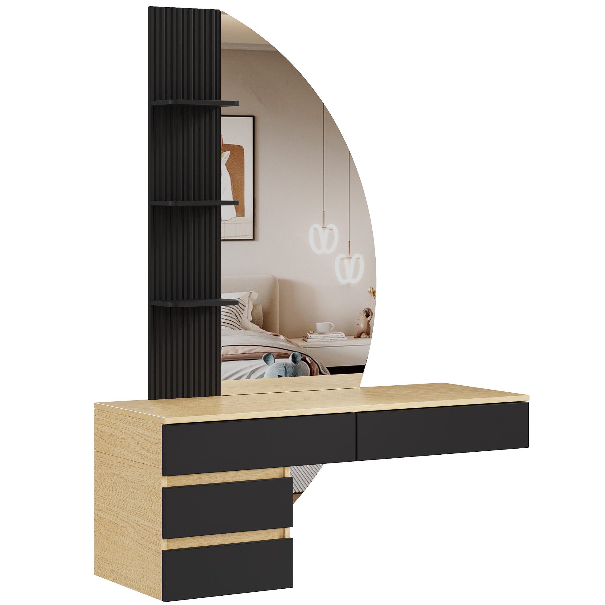 HOMALL Schminktisch Hängender Schminktisch mit drei einstellbaren Farbtemperaturen (LED-Silikon-Lichtleiste in drei Farben, Maße: 106 × 40 × 143 cm, mit 3 offen – Bild 2 von 5