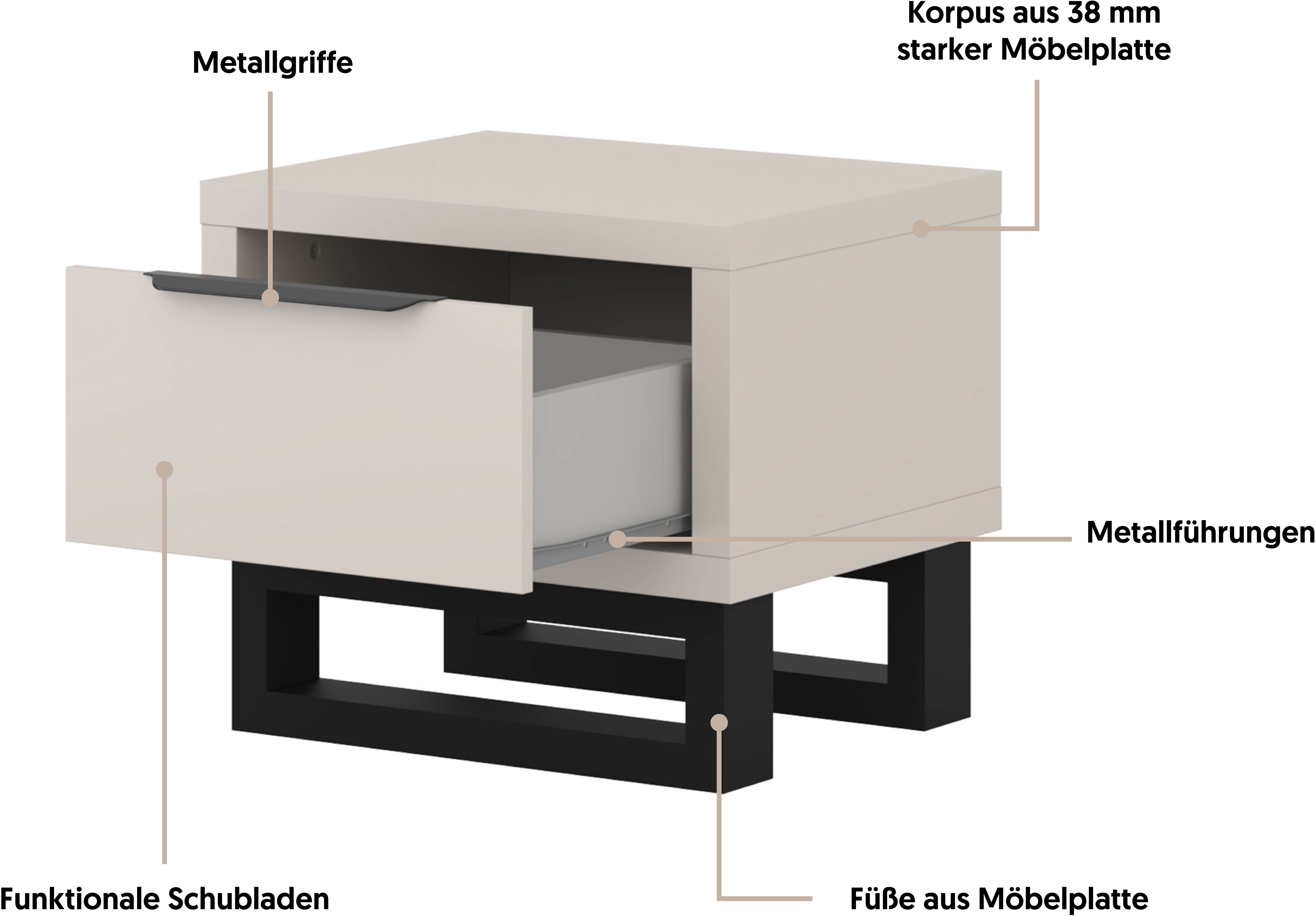 Home affaire Nachtkommode Bronne,Breite 55 cm, Nachttisch mit 1 Schublade, Moderner Nachtschrank mit Kufen in Metalloptik, Metallgriff