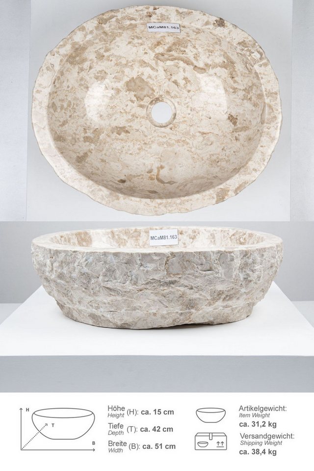 wohnfreuden Aufsatzwaschbecken Erosi Marmor Waschbecken 50 cm creme (Kein Set), 125881_MCaM81.163
