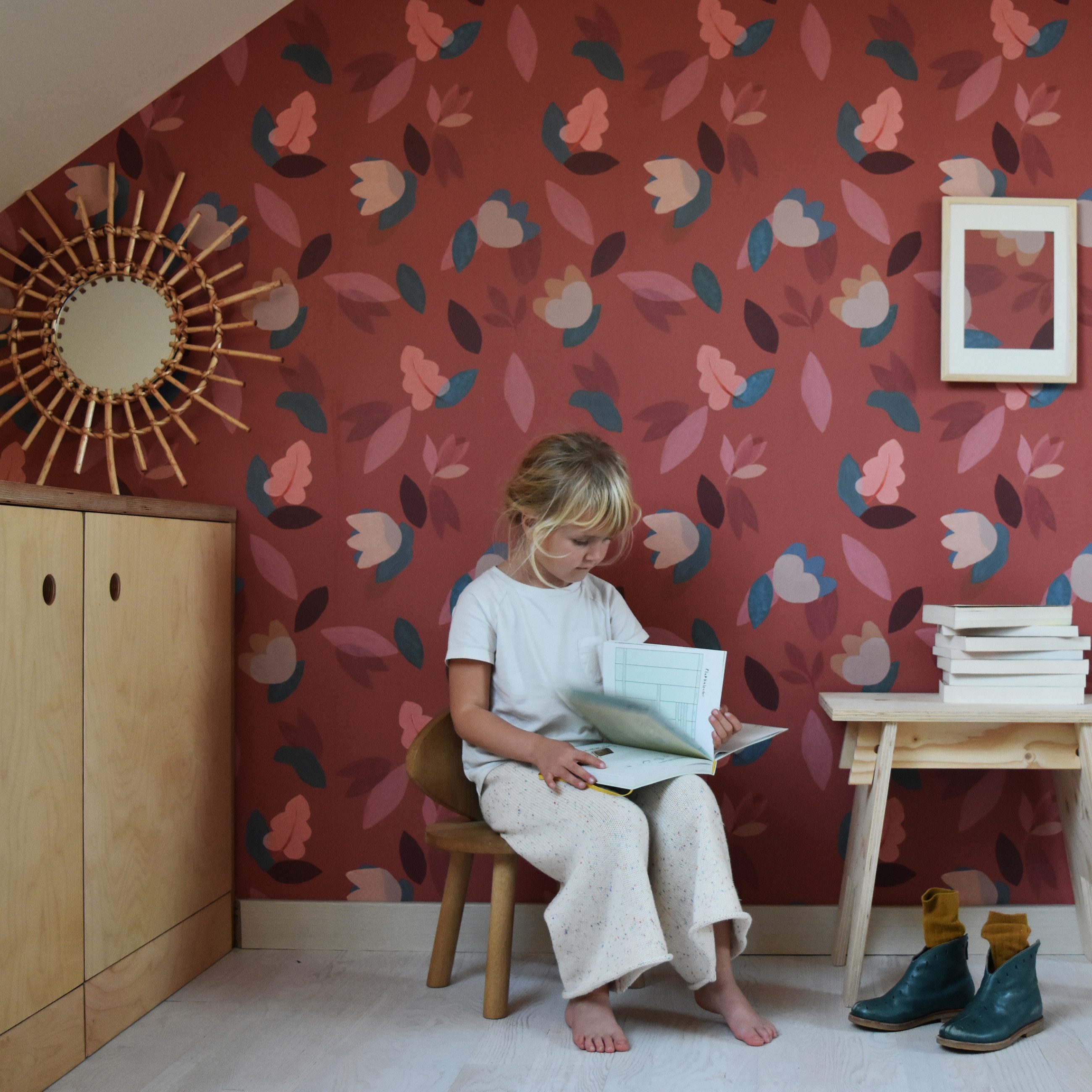 Rasch Fototapete Blätter in Rot, Roomblush ParisParis RB205 - 2,85m x 2,00m, glatt, floral, gemustert, mehrfarbig, geblümt, (1 Rolle, 1 St)