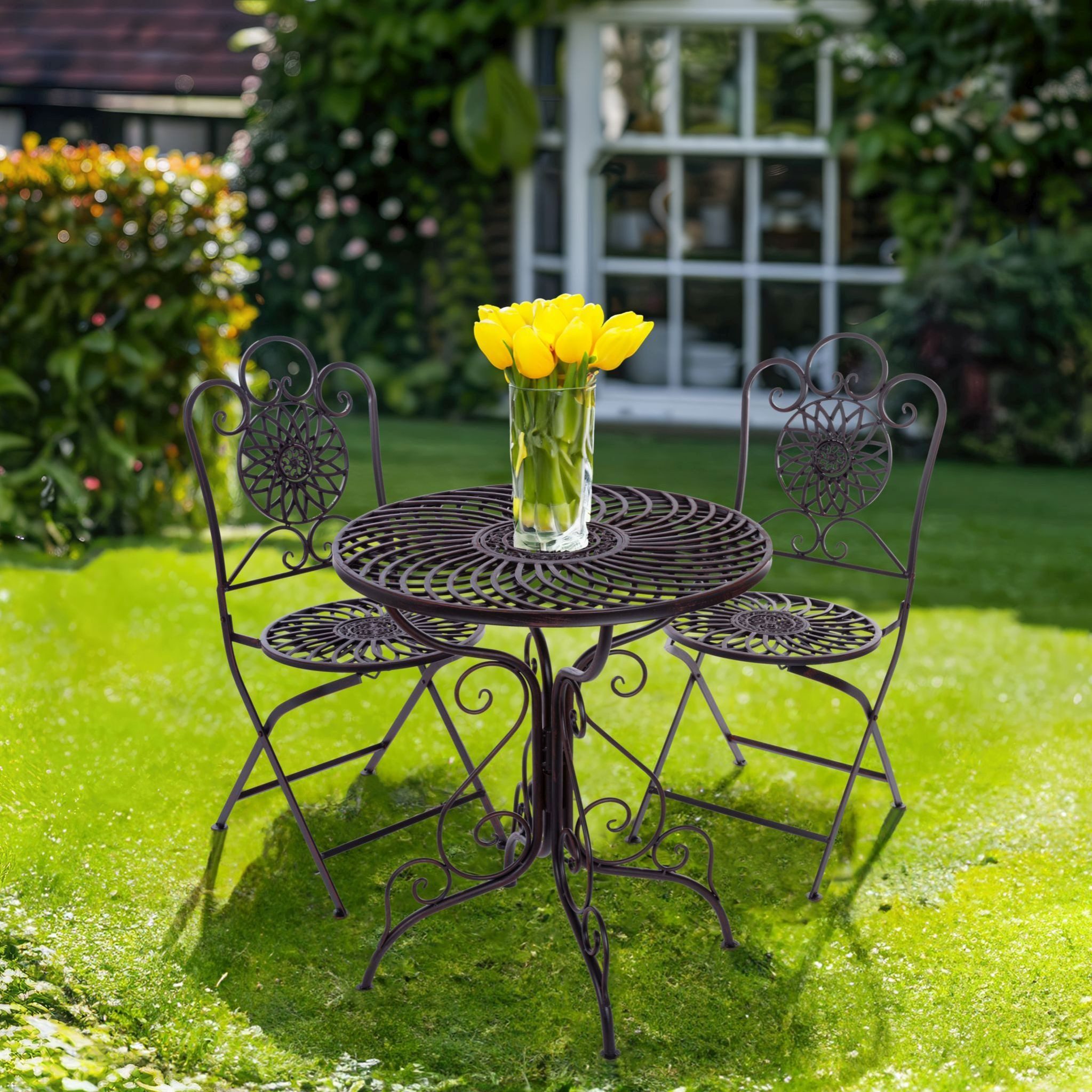 Wohnando Garten-Essgruppe Bistroset "Pia" für Garten oder Balkon, (3-tlg), aus schwarzem Metall, verschnörkeltes Design, Gartenmöbel