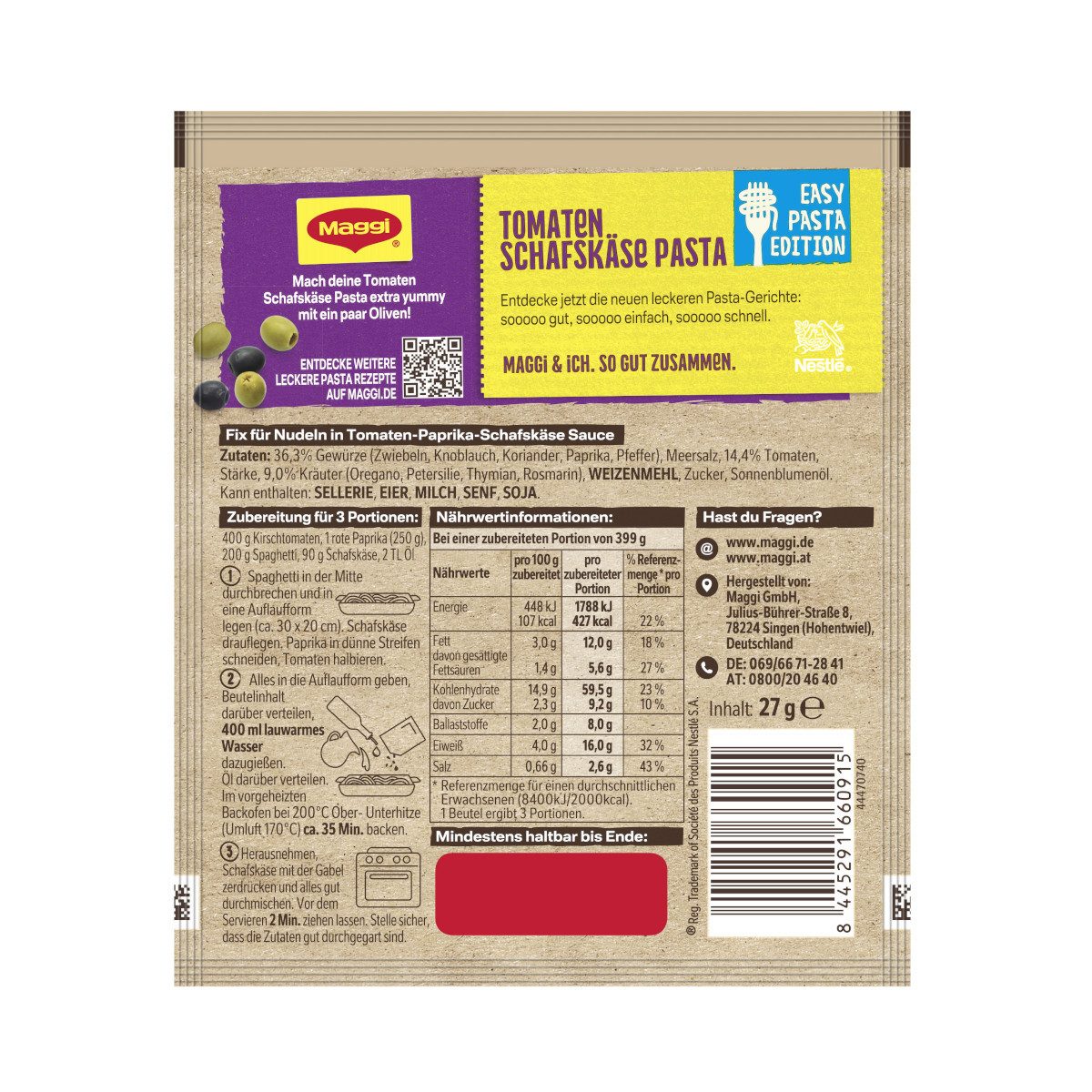 MAGGI Gewürz, Maggi Fix Tomaten Schafskäse Pasta Paprika Packung 27g