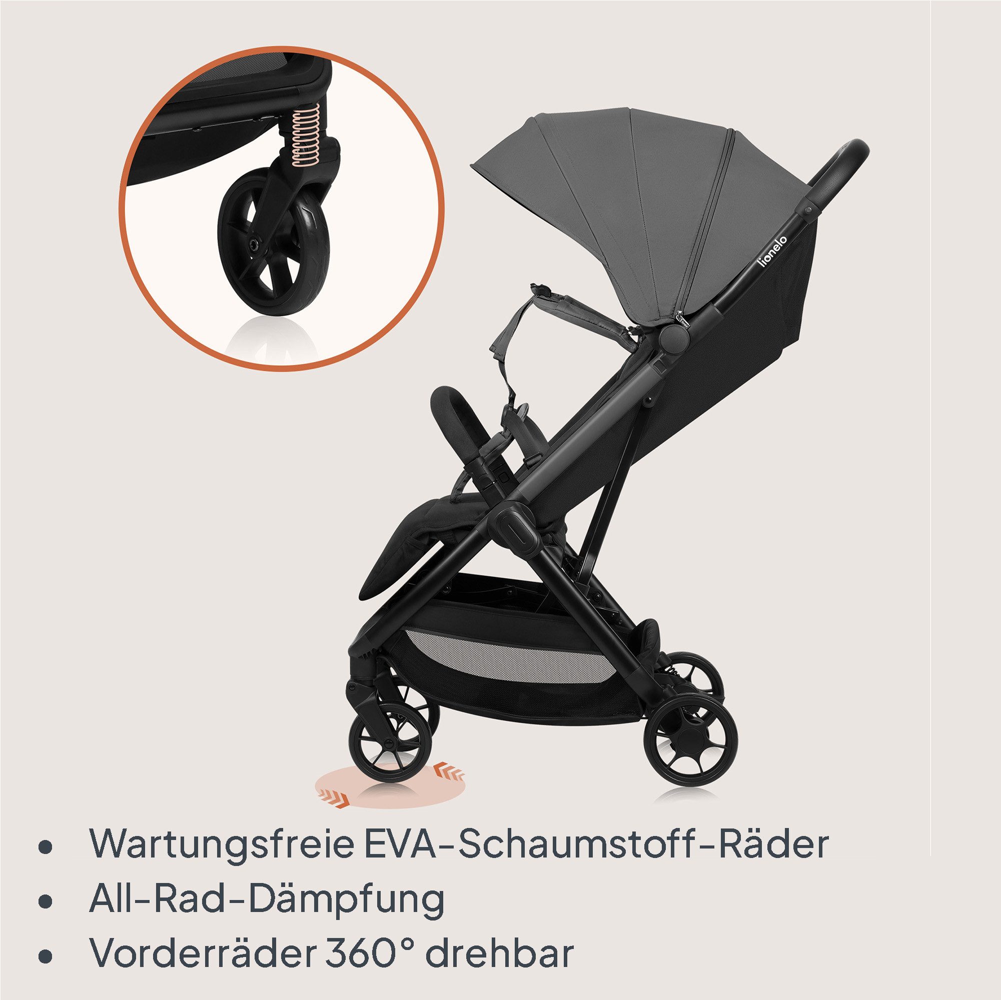 lionelo Kinder-Buggy JULIE AIR, (Set mit Becherhalter und Tragegurt für den Transport auf der Schulter), Auto-folding/Ultraleicht/UPF50+/Liegeposition/360°Rader – Bild 4 von 5