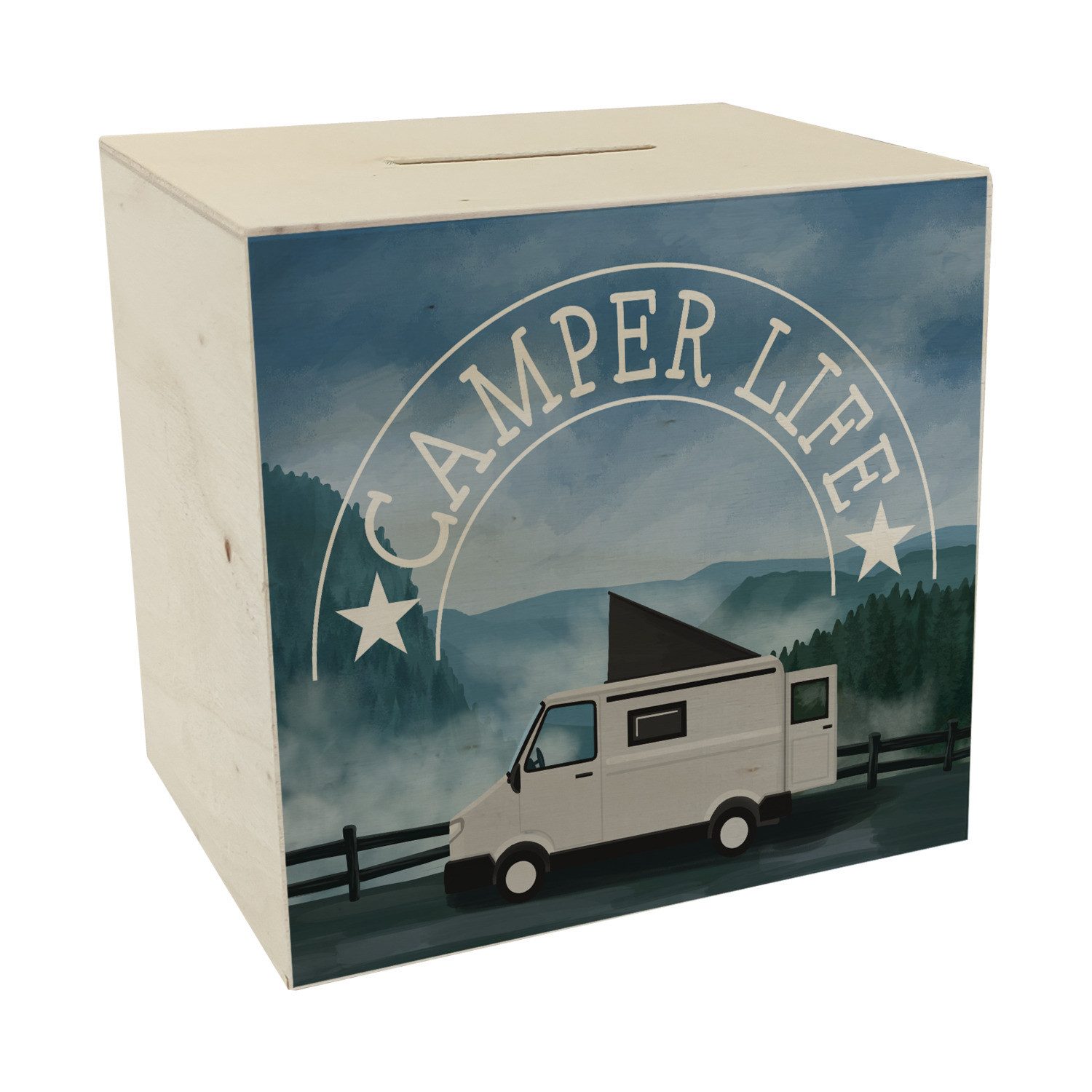 Spardose Camper Life mit Campervan Spardose aus Holz