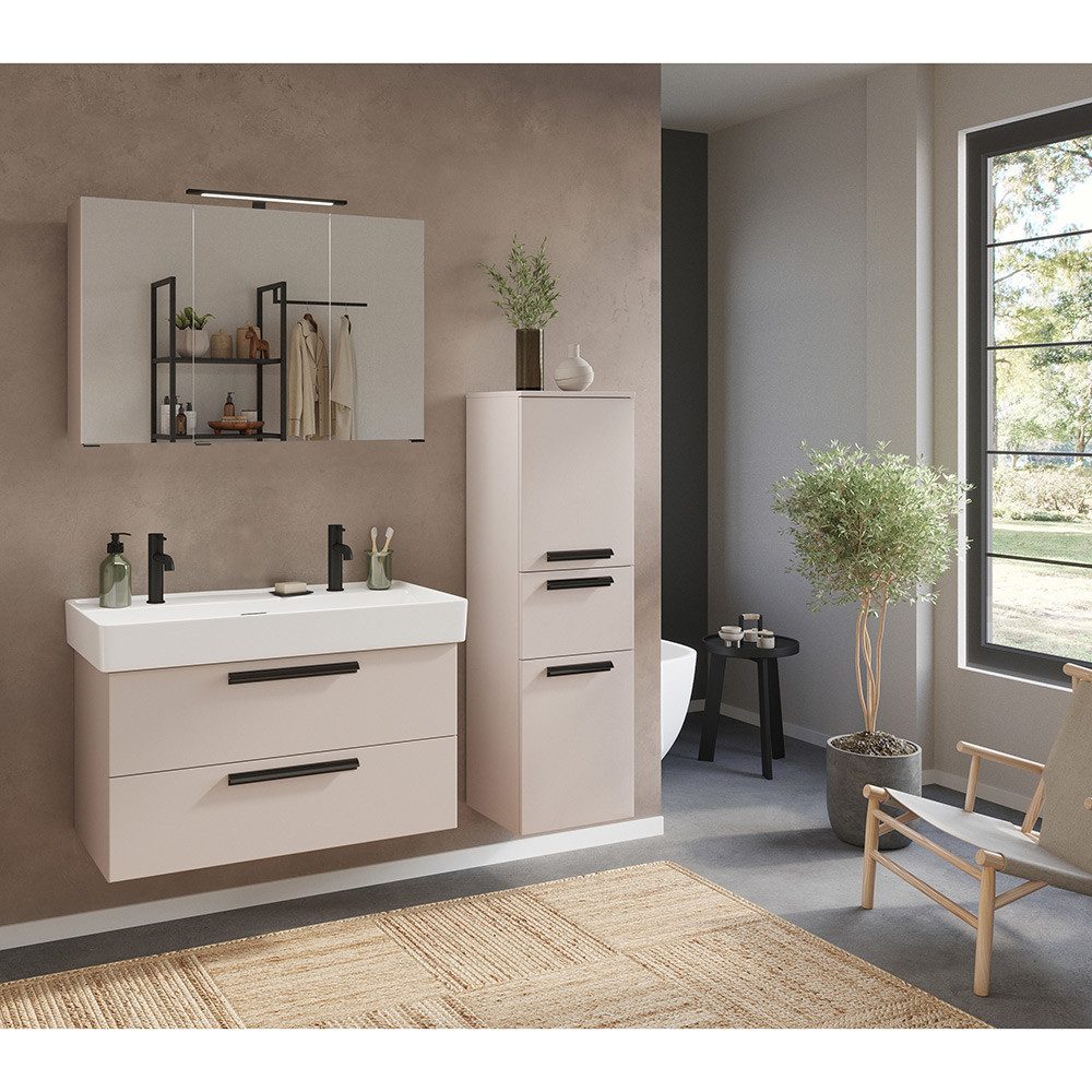 Lomadox Badmöbel-Set ATELLA-03, (Spar-Set, 3-St., Waschtisch Spiegelschrank Midischrank), in kaschmir, Keramikbecken für 2 Armaturen, minimalistisch