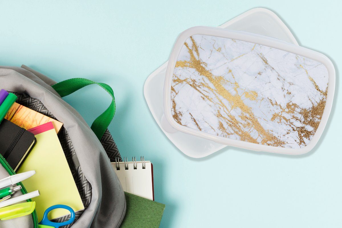 MuchoWow Lunchbox Marmor - Kunststoff, Brotdose, Mädchen - Gold Marmoroptik Erwachsene, Jungs Kinder Glitzer, und Luxe für Brotbox für - und - - (2-tlg), Weiß