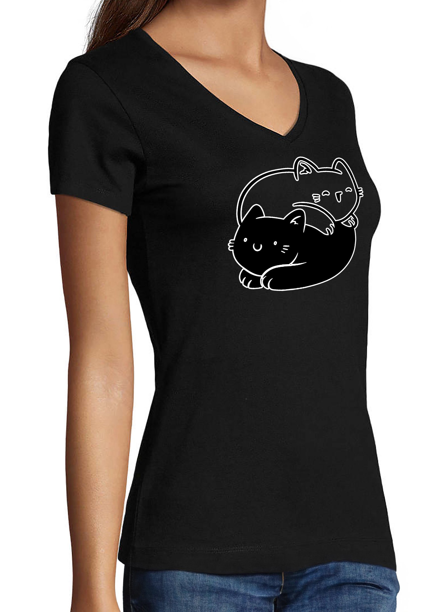 Katze i112 Yin Fit, - Baumwollshirt mit Slim bedruckt T-Shirt Aufdruck, Shirt Katzen Damen MyDesign24 Yang Print schwarz