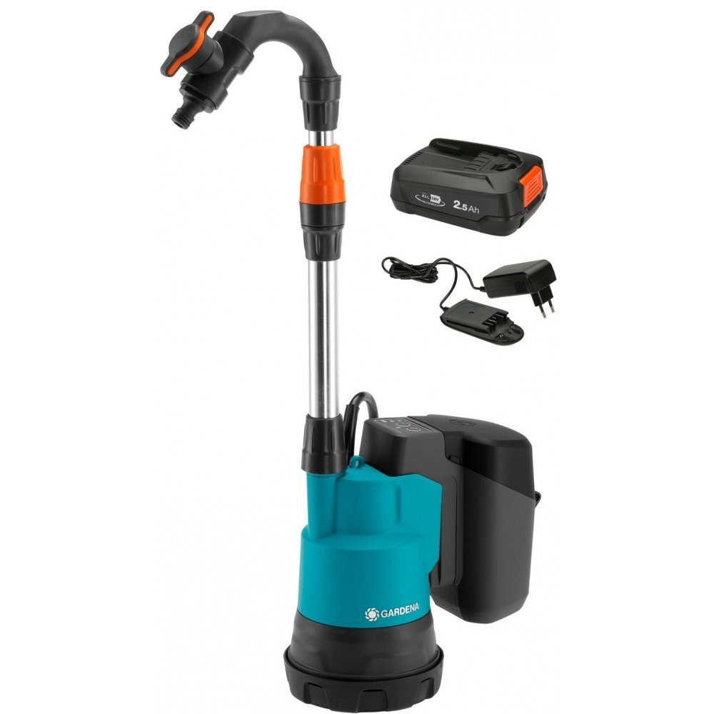 GARDENA Regenfasspumpe 2000/2 P4A Ready-To-Use Set - Akku-Regenfasspumpe - blau/schwarz