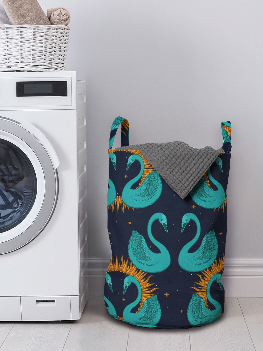 Muster Waschsalons, Wäschesäckchen Schwan Kordelzugverschluss für mit Wäschekorb Sun Griffen Wasservögel und Abakuhaus