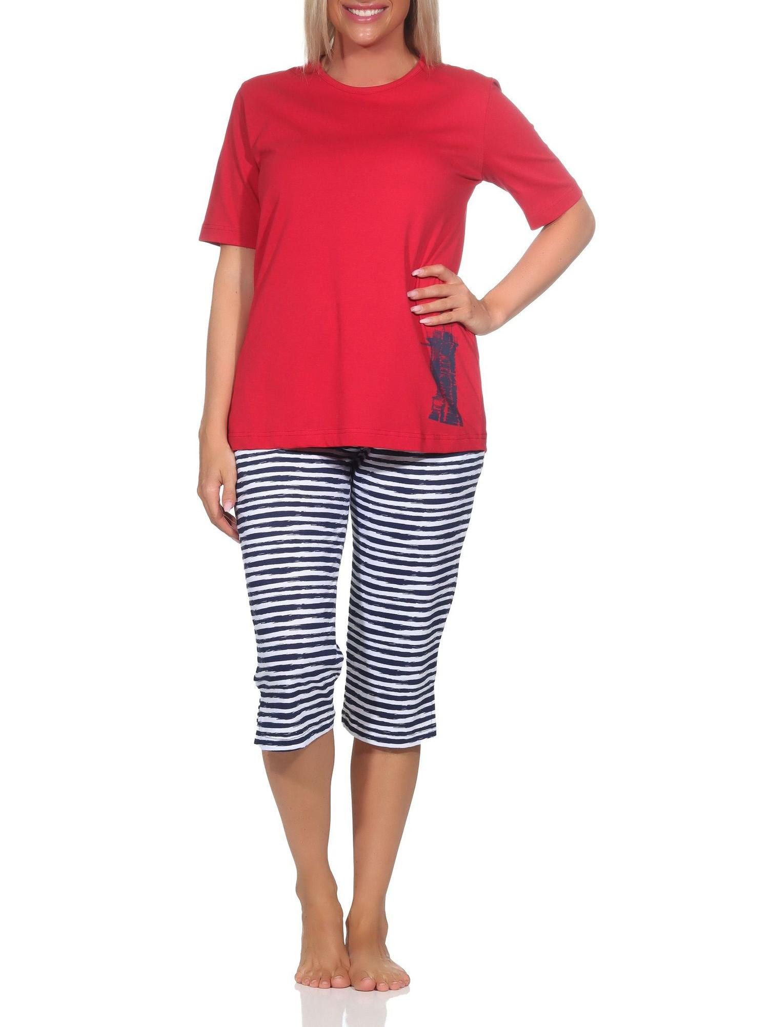 Pyjama Damen kurzarm Capri Schlafanzug in maritimer Optik -auch in Übergröße