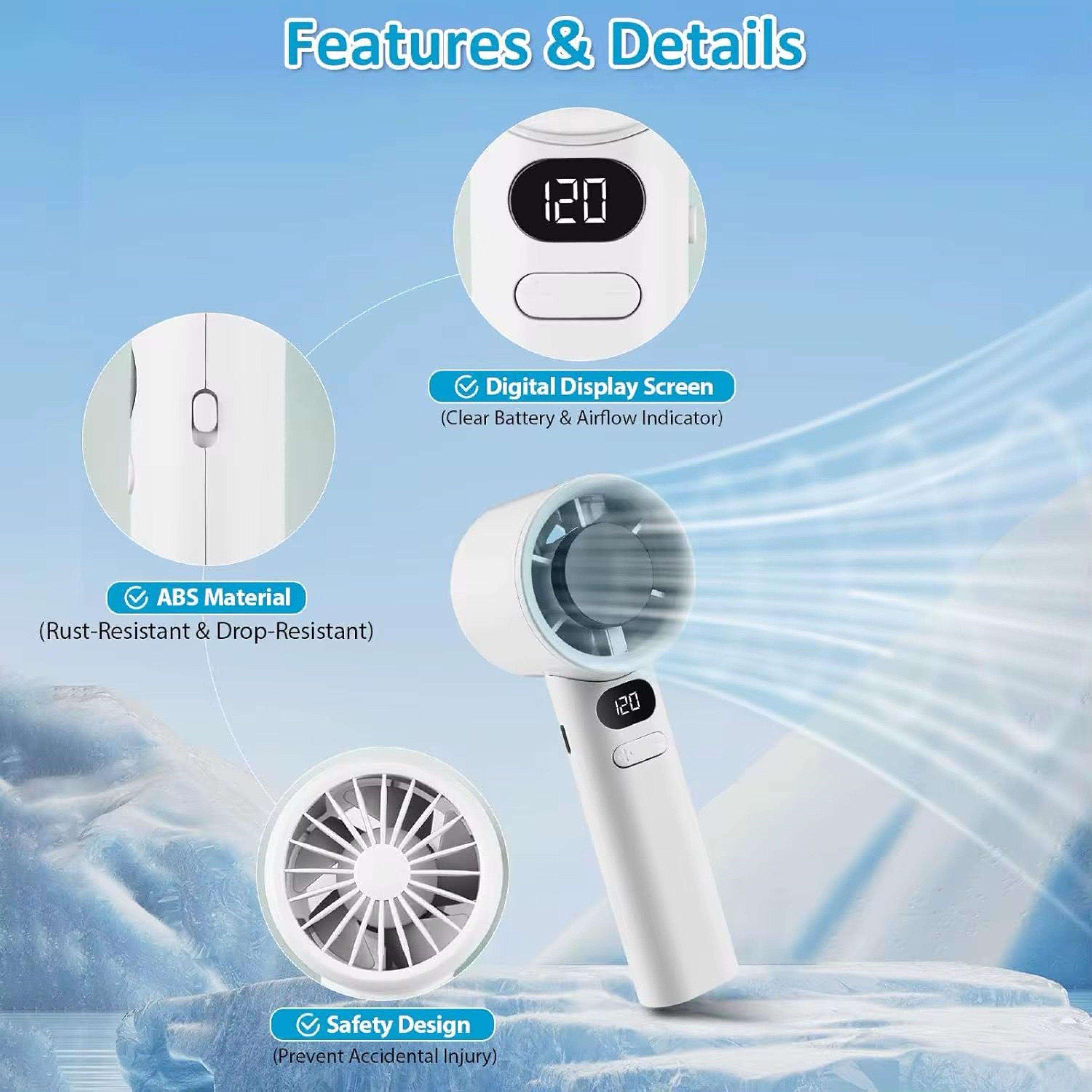ITSHINY Handventilator Mobiler USB Handventilator mit Akku, LED Display, 120 Stufen, tragbar, LED-Anzeige, 120 Stufen, 5200 mAh Akku, kompakt, USB aufladbar