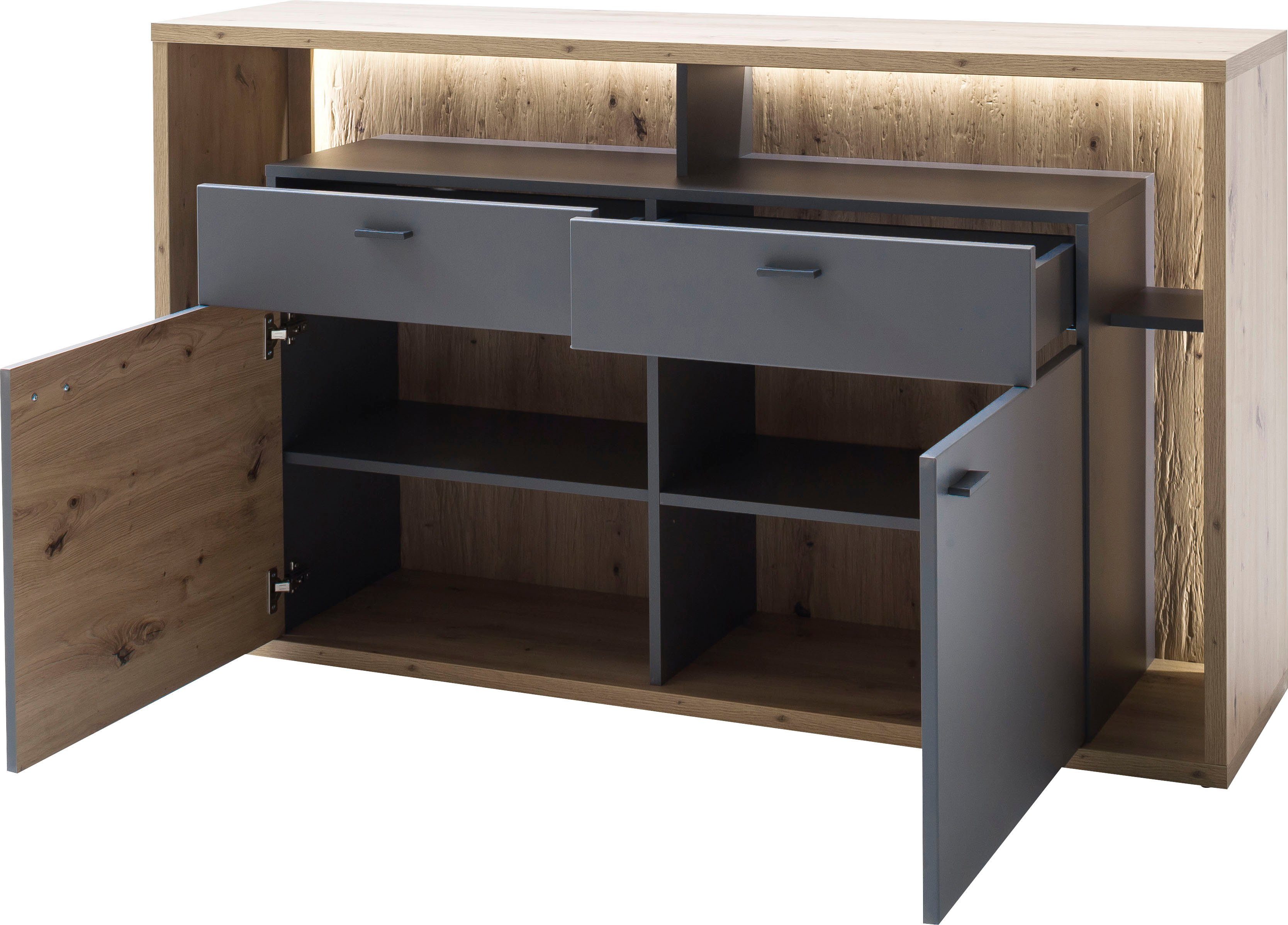 mit Beleuchtung Sideboard Rückwand, MCA furniture Lizzano, Wohnzimmerschrank wahlweise 3-D mit