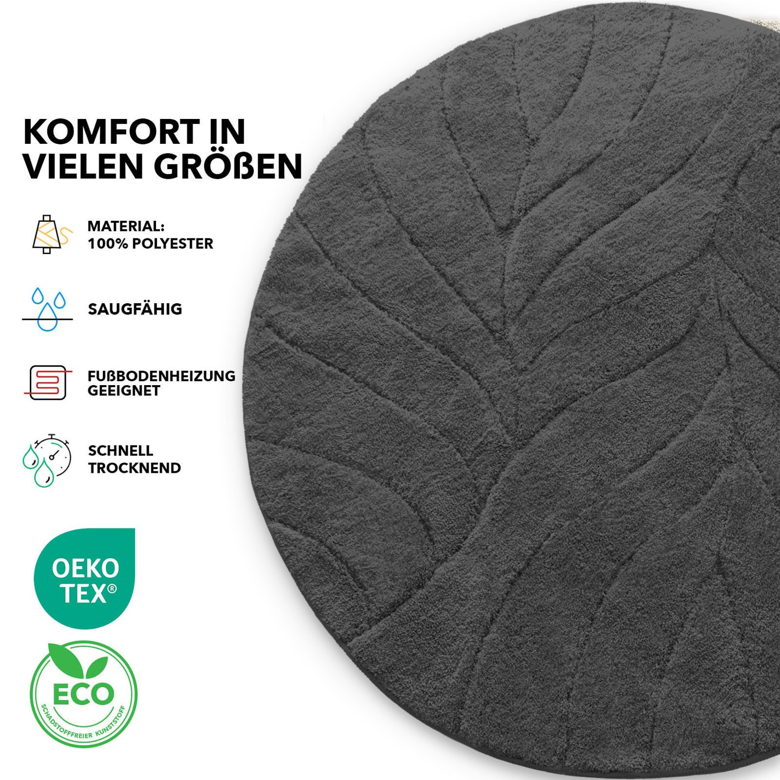 Floordirekt Badematte Maris, ausfranssicher, verschiedene Farben, aus weicher Mikrofaser, Höhe 30 mm, rutschhemmend beschichtet, fusselfrei, Polyester, Rund, 120cm Durchmesser, für Fußbodenheizung geeignet