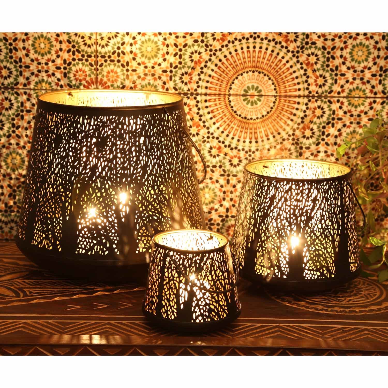 Casa Moro Windlicht innen (3 außen Kerzenhalter IRL70 Gold Weihnachten Orientalisches Como Windlicht Marokkanische mit schwarz Henkel), Set 3er runde Laternen Windlicht