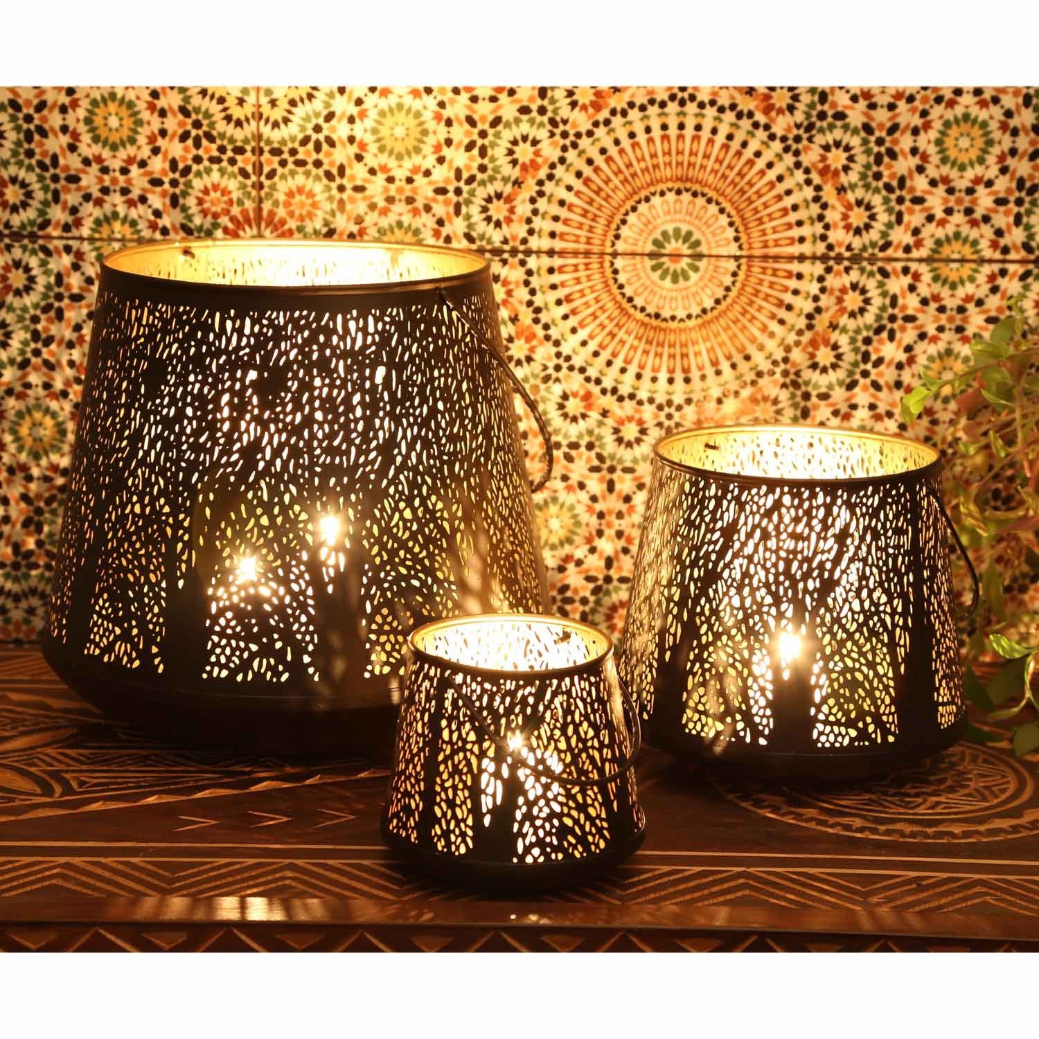 Casa Moro Windlicht Orientalisches Windlicht Como 3er Set aus Metall innen  Gold außen schwarz, 3 runde Laternen mit Henkel, Marokkanische Kerzenhalter  aus 1001 Nacht, Ramadan Wohn-Deko Weihnachten, IRL70, aus traditioneller  Handarbeit