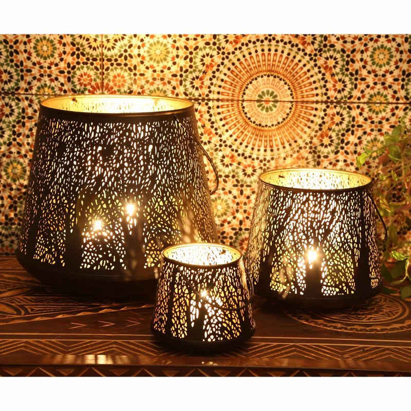 Casa Moro Windlicht Orientalisches Windlicht Como 3er Set aus Metall innen Gold außen schwarz, 3 runde Laternen mit Henkel, Marokkanische Kerzenhalter aus 1001 Nacht, Ramadan Wohn-Deko Weihnachten, IRL70, aus traditioneller Handarbeit