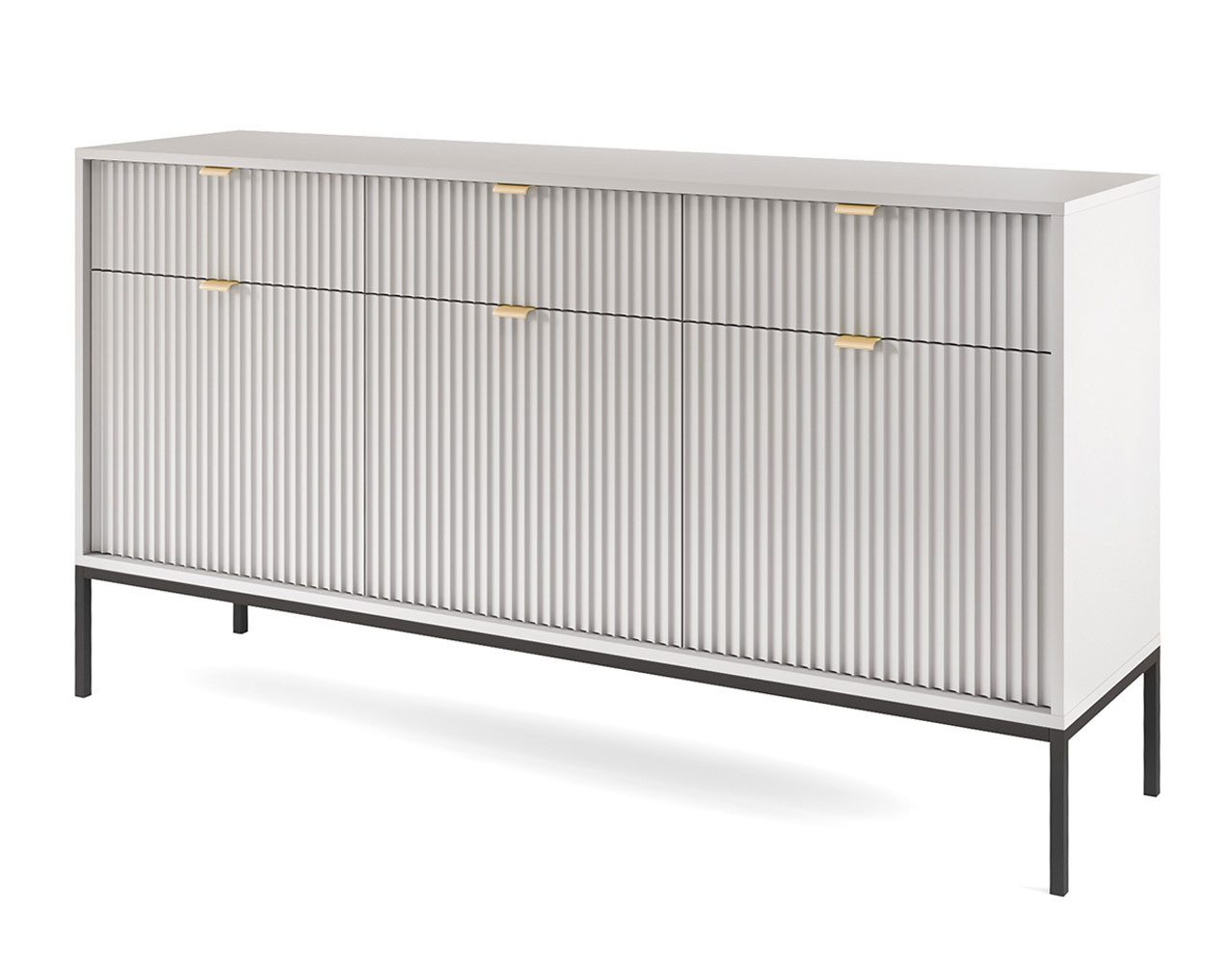 Feldmann-Wohnen Sideboard Nova (3-türig, 3 Einlegeböden, 3 Eimlegeböden, 3 Schubladen, 1 St., moderner Optik, mit geriffelten Front, goldene Metallgriffe), 154cm grau 3-türig MDF