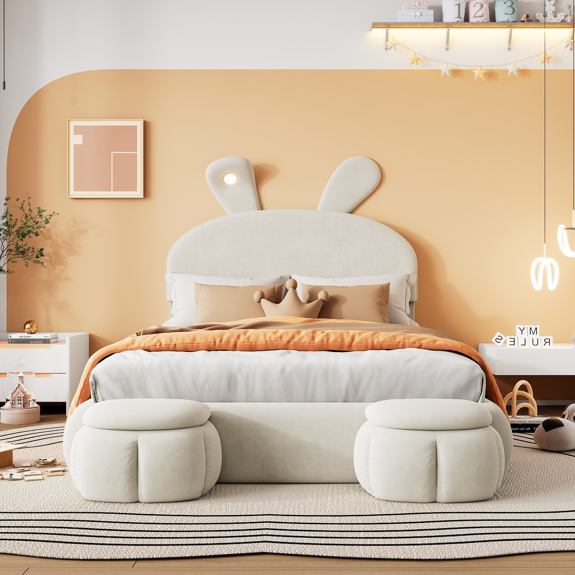 HAUSS SPOLE Polsterbett 140x200cm Kopfteil in Hasenform mit Licht, 2 Hocker günstig online kaufen