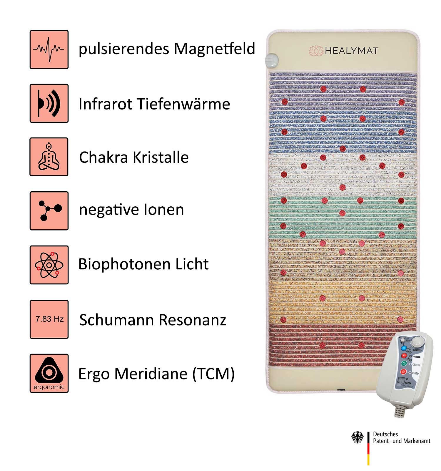 Healymat Massagematte Magnetfeldmatte Ergo Plus, Magnetfeldtherapie Matte, Infrarotmatte, Rotlicht-Therapie, Biophotonen Licht 660 nm, negative Ionen, Chakra Kristalle, optimiert Heilungsprozesse, fördert die Durchblutung, verbessert den Schlaf, entgiftet den Körper, aktiviert Selbstheilung