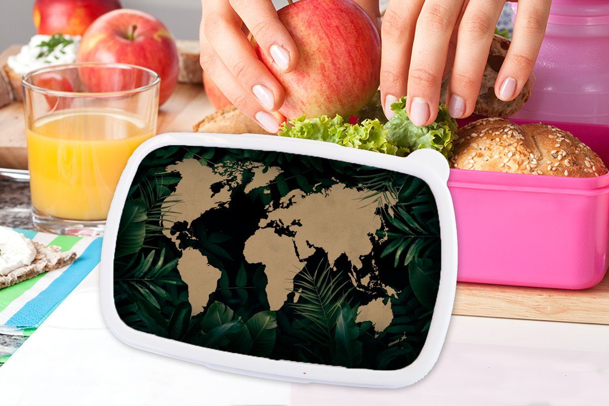Brotdose - - Tropische Pflanzen Weltkarte für (2-tlg), Kinder, MuchoWow Kunststoff Brotbox Mädchen, Kunststoff, Snackbox, Erwachsene, rosa Pflanzen, Lunchbox