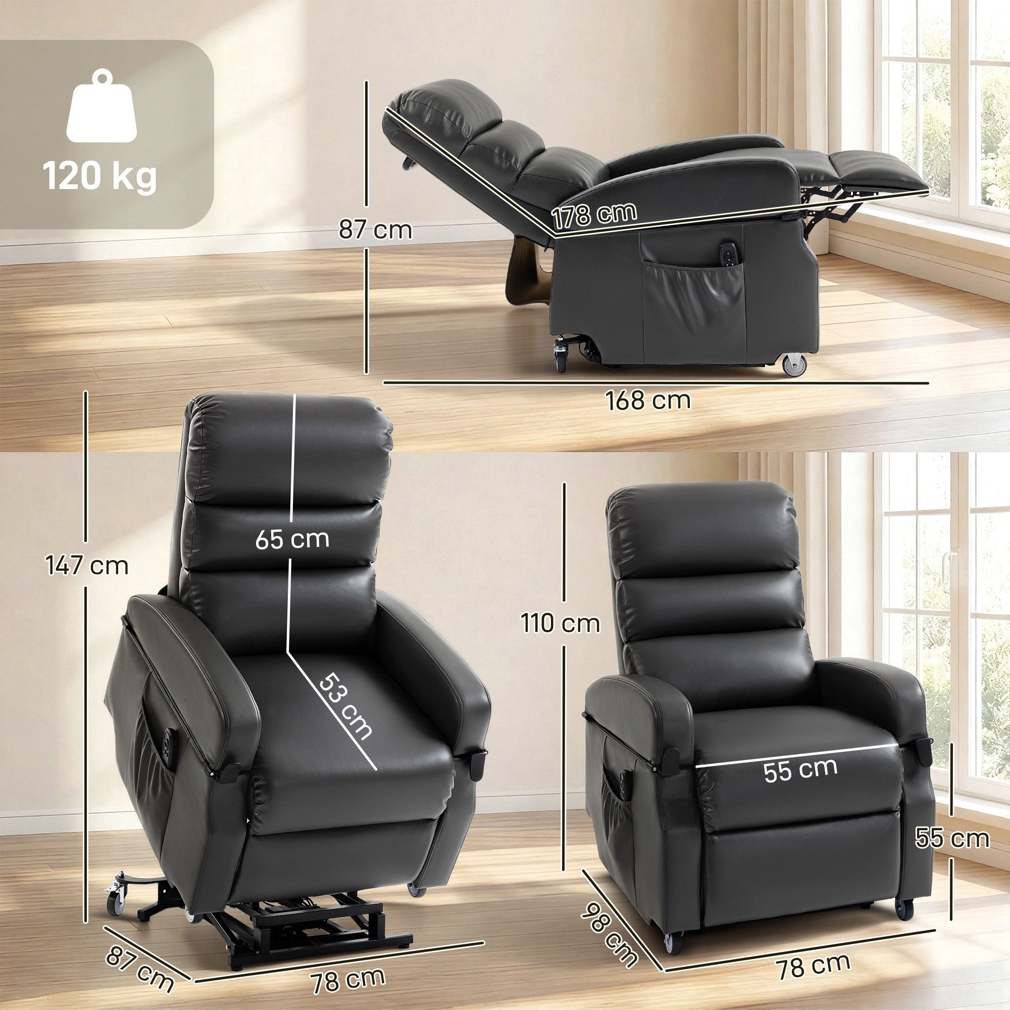 HOMCOM Relaxsessel Doppelmotoren Ruhesessel (TV Sessel, 1-St., Ruhesessel), Elektrische Aufstehhilfe, Doppelmotor, Liegefunktion