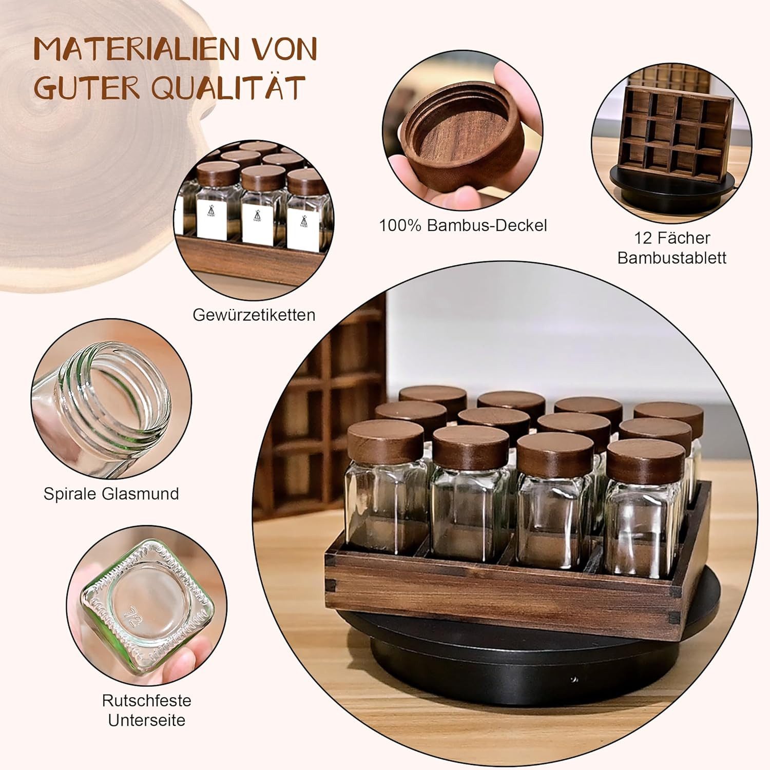 KingLux Gewürzständer Akazienholz-Tablett-Gewürzständer mit 24stk.Gewürzgläser Eckig 120ml, (1-tlg)