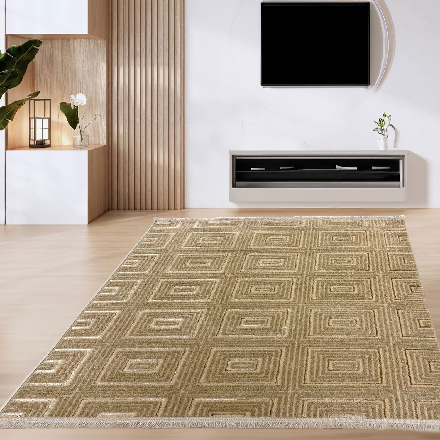 Vimoda Teppich Teppich Wohnzimmer neues dünn Designteppich kariert moderne, Rechteckig, Höhe: 5 mm, Kurzflor Teppich 3D, Sommer/Winter, glänzenden Linien, Fransen