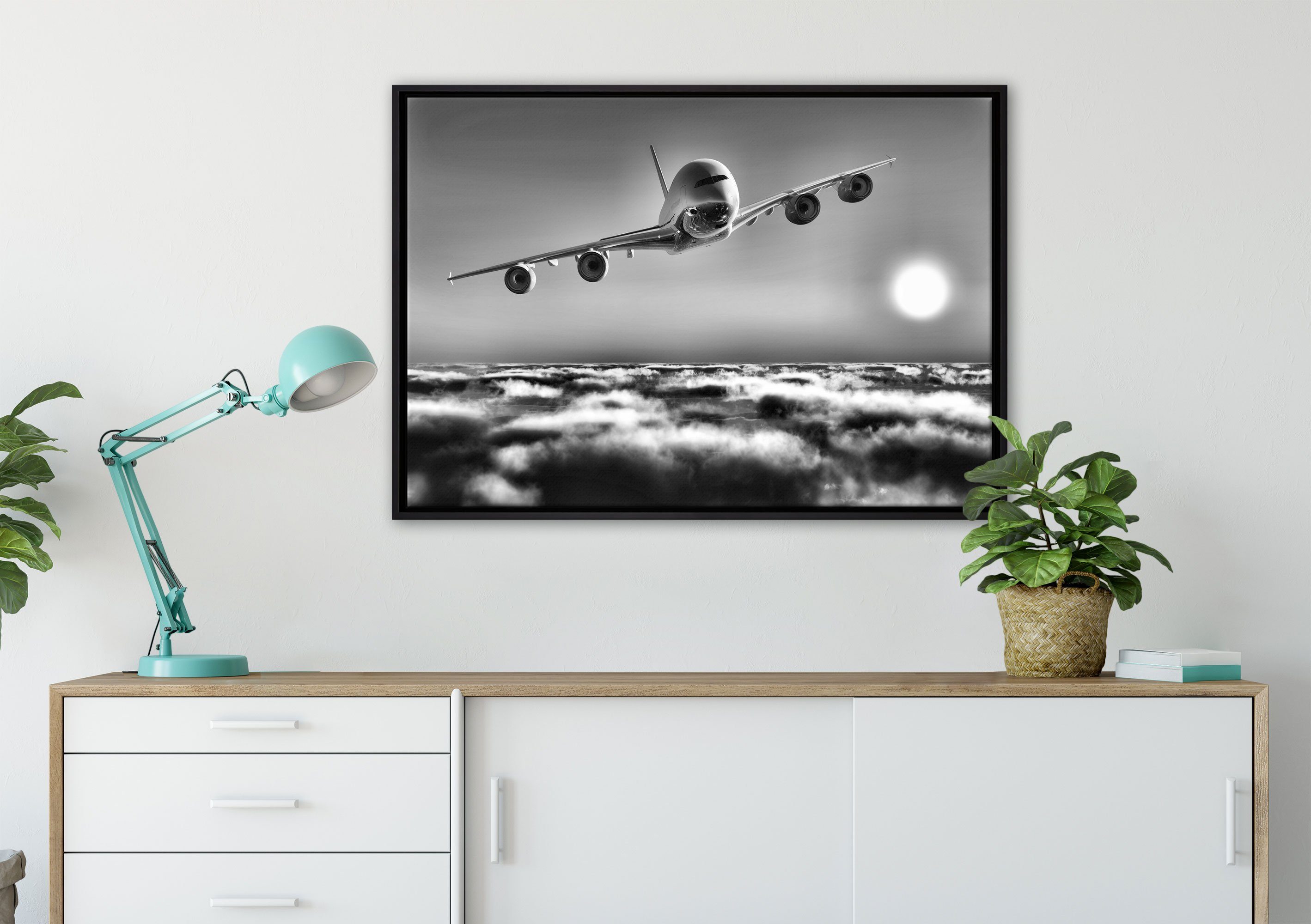 Zackenaufhänger Pixxprint St), gefasst, Wanddekoration Leinwandbild Leinwandbild Flugzeug, fertig in inkl. einem bespannt, (1 Schattenfugen-Bilderrahmen