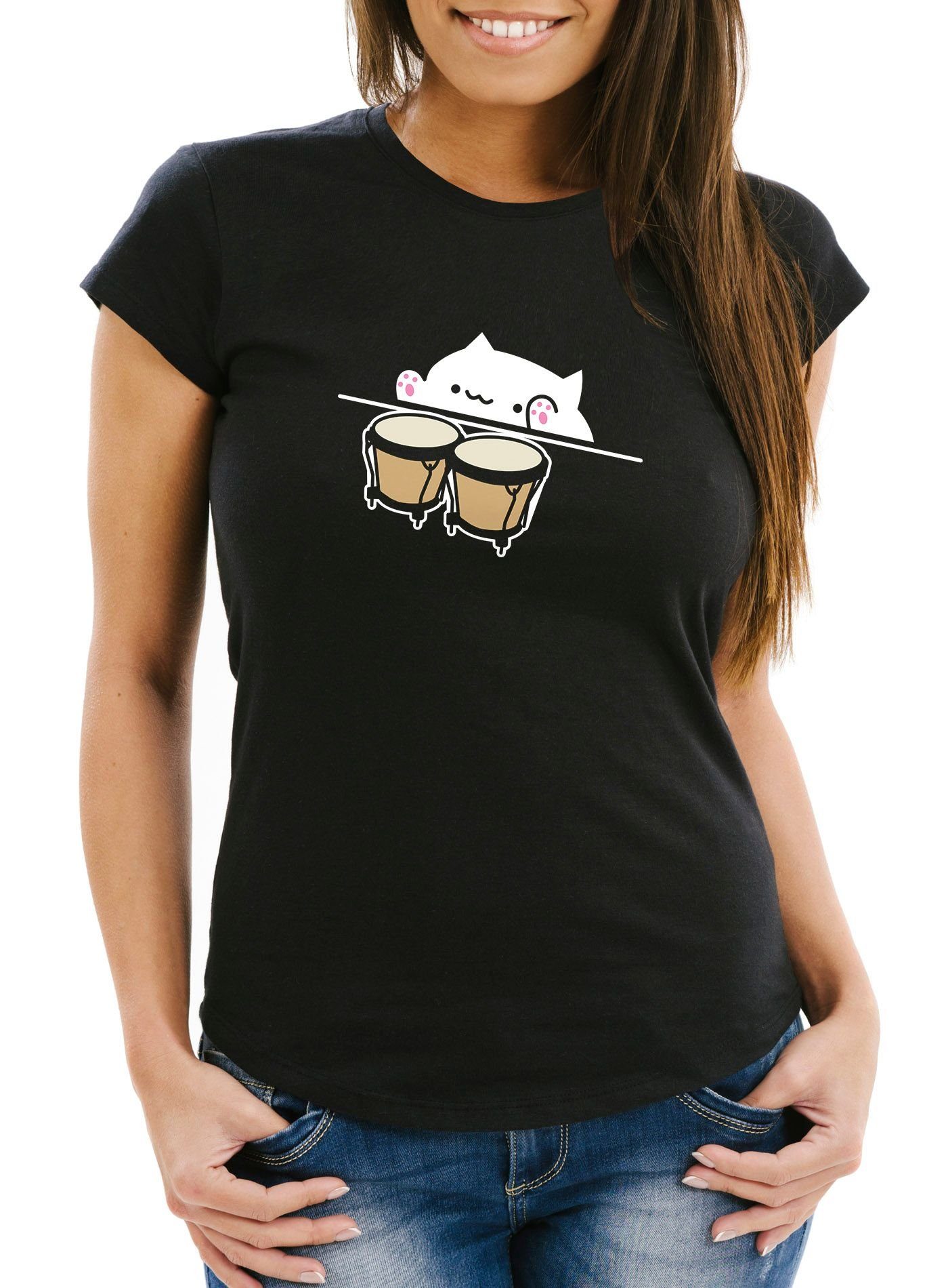 MoonWorks Print-Shirt Bongo Cat Damen T-Shirt Meme Slim Fit Moonworks® mit Print schwarz
