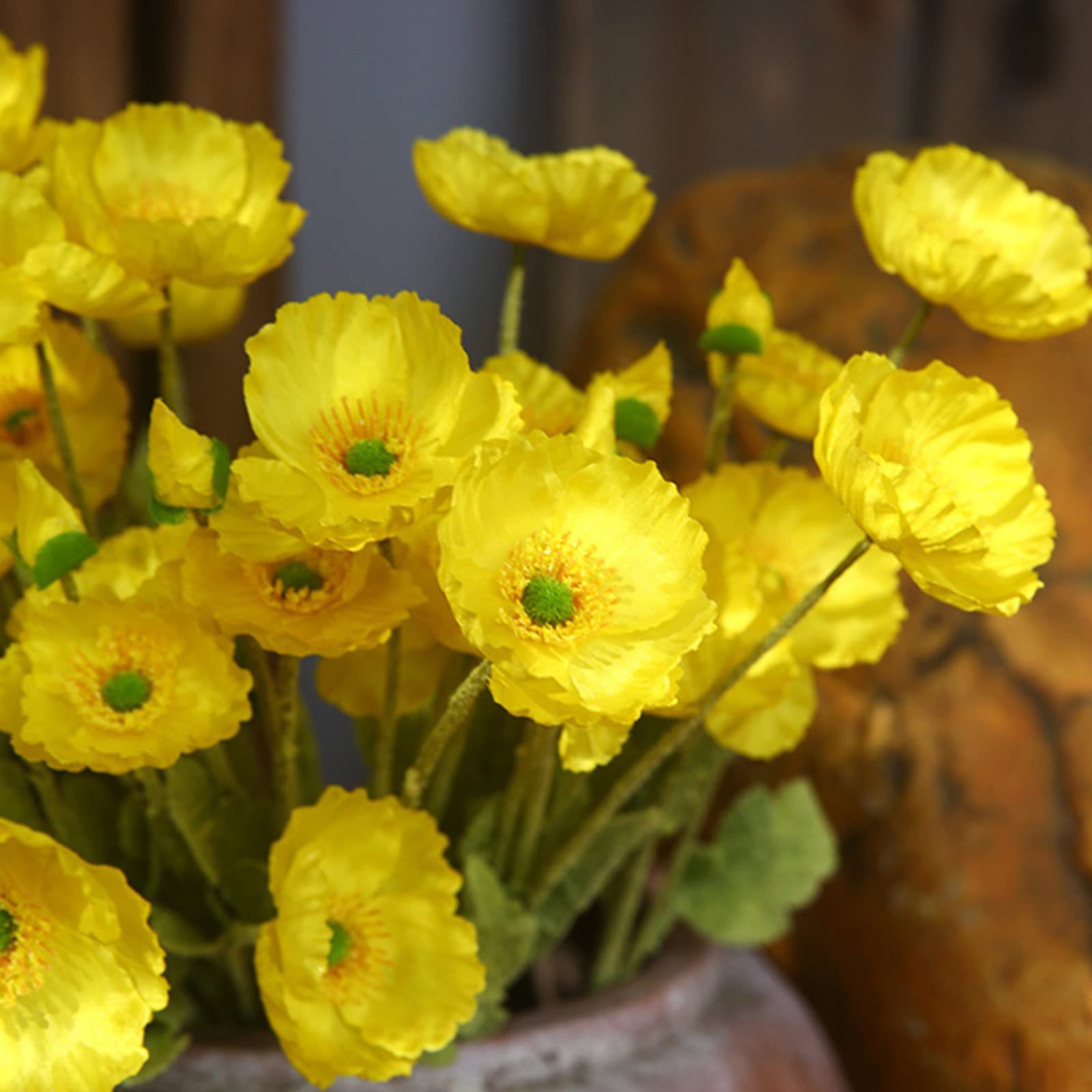 künstliche Blumenschmuck,60cm Haus lang 4 Kunststoff, Pflanzen Blütenköpfen Gelb MohnSeidenblumen SEEZSSA, Mohnblumen-Zweigmit Für Beflockung Künstlicher Kunstzweig
