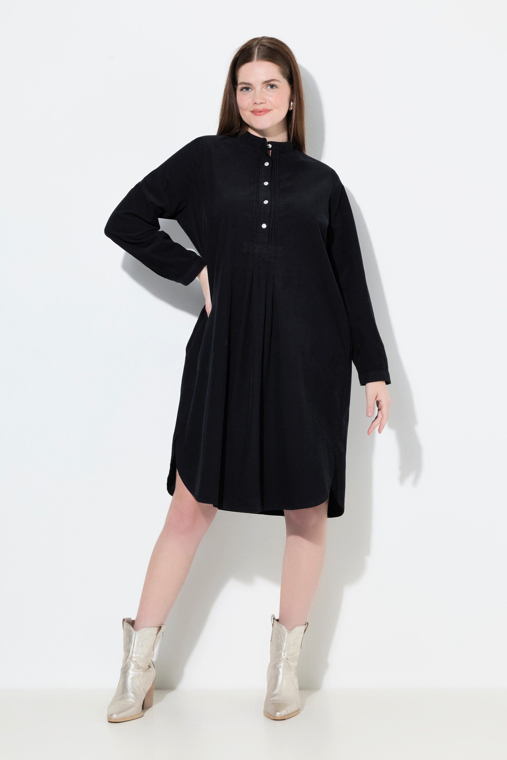 Ulla Popken Midikleid Cordkleid Stehkragen Biesen Zierfalten Langarm günstig online kaufen