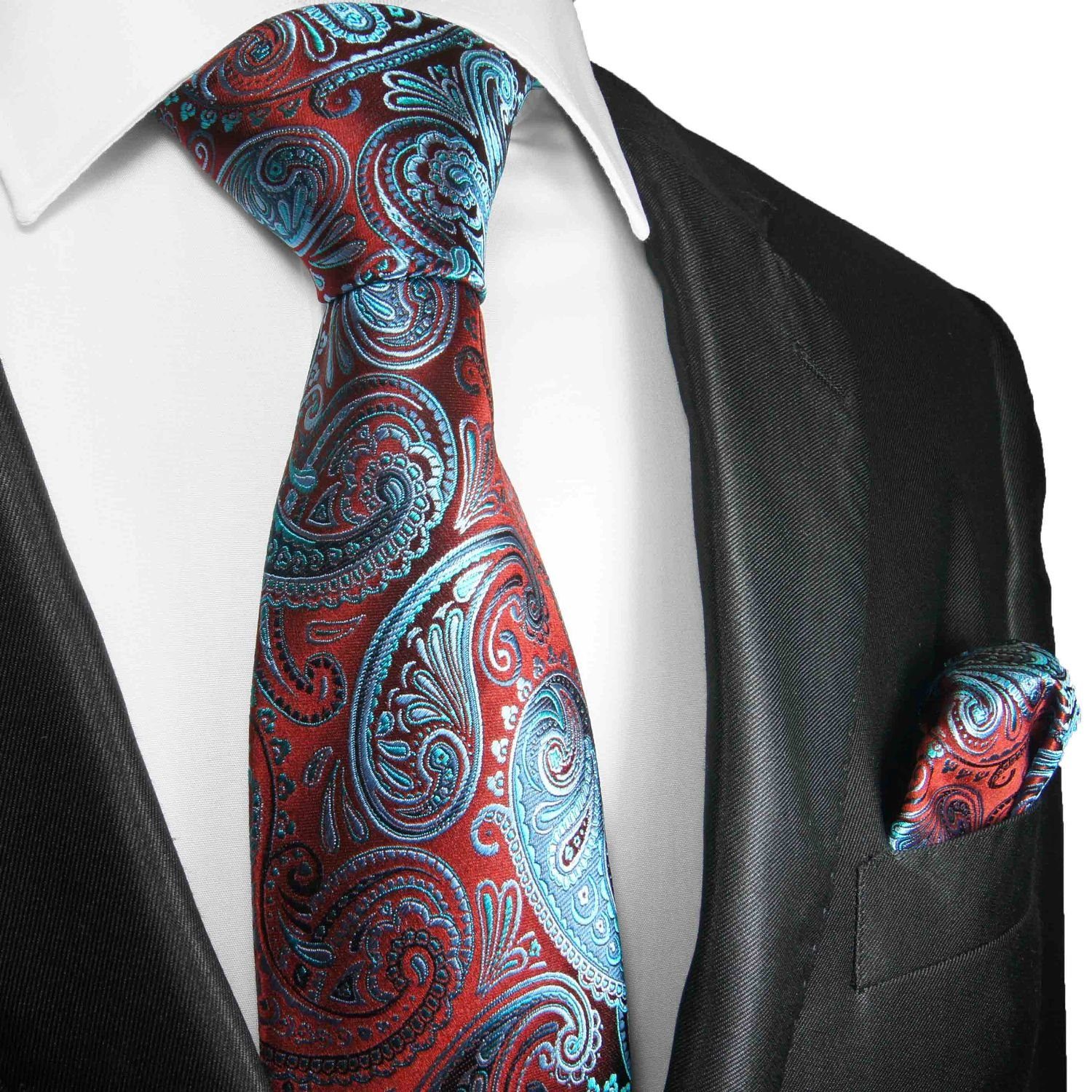Paul Malone Krawatte Elegante Herren Seidenkrawatte mit Tuch paisley brokat 100% Seide (Set, 2-St., Krawatte mit Einstecktuch) Breit (8cm), rot blau 2061