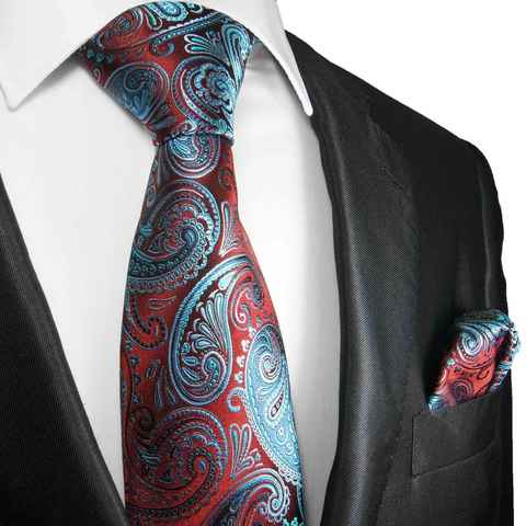 Paul Malone Krawatte Elegante Herren Seidenkrawatte mit Tuch paisley brokat 100% Seide (Set, 2-St., Krawatte mit Einstecktuch) Breit (8cm), rot blau 2061