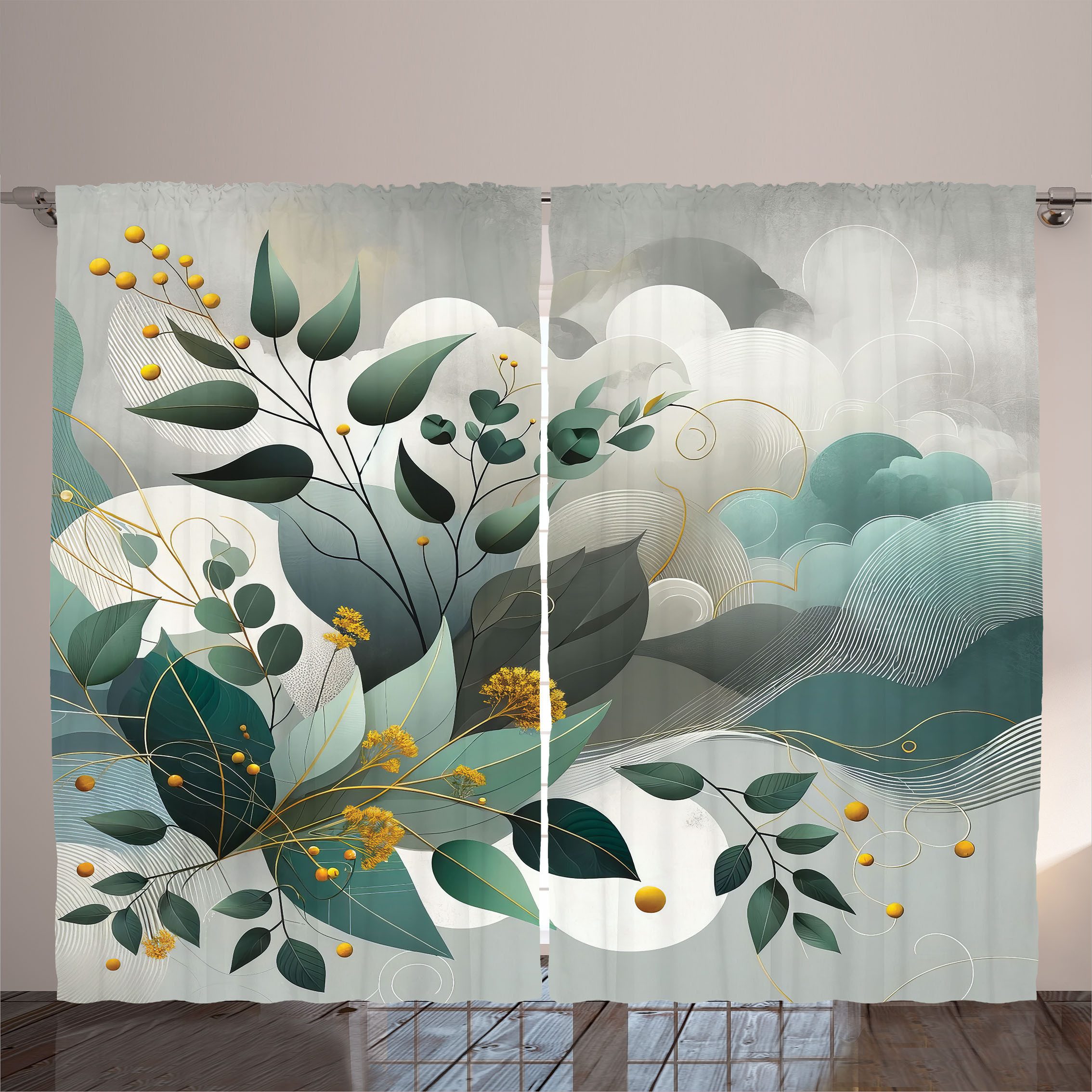 Gardine Schlafzimmer Kräuselband Vorhang mit Schlaufen und Haken, Abakuhaus, Eukalyptusblätter Wellen und Blätter