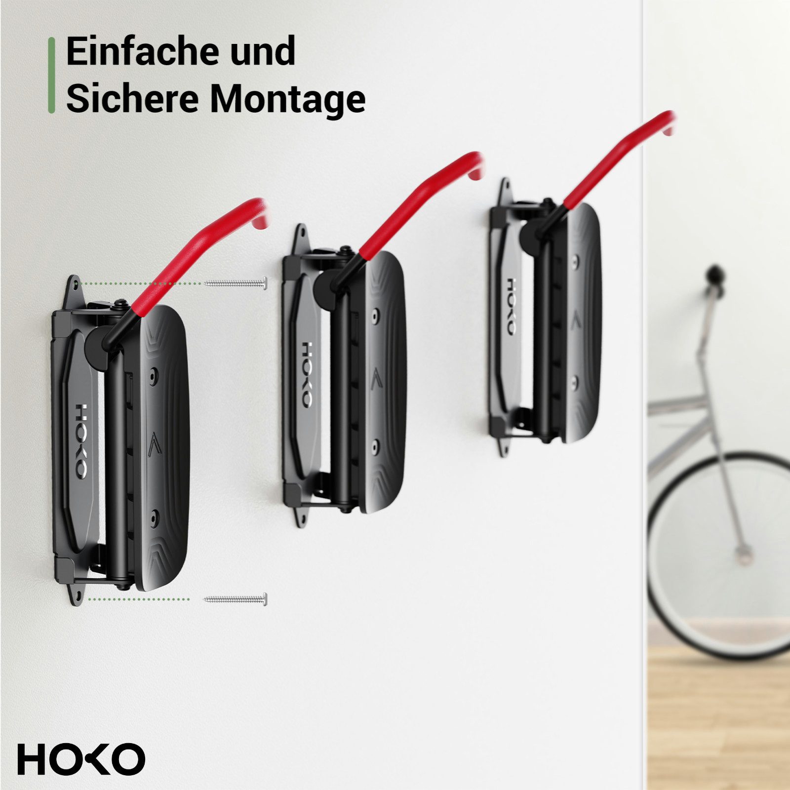HOKO Fahrradwandhalterung für die Wand mit Hinterrad Halterung als Geschenk (Seitlich schwenkbar für eine platzsparende Aufbewahrung des Fahrrads. Belastbar bis 30 kg., 1-tlg., Fahrradwandhalterung, Montagematerial, Anleitung), Robuste Fahrradwandhalterung, schwenkbar, Anti-Kratz-Schutz, 30 kg