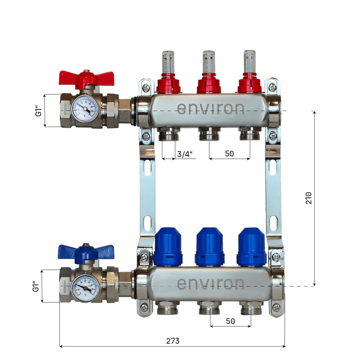Environ Fußbodenheizung Edelstahl Heizkreisverteiler 2 - 12 fach mit Kugelhahn-Anschluss-Set -